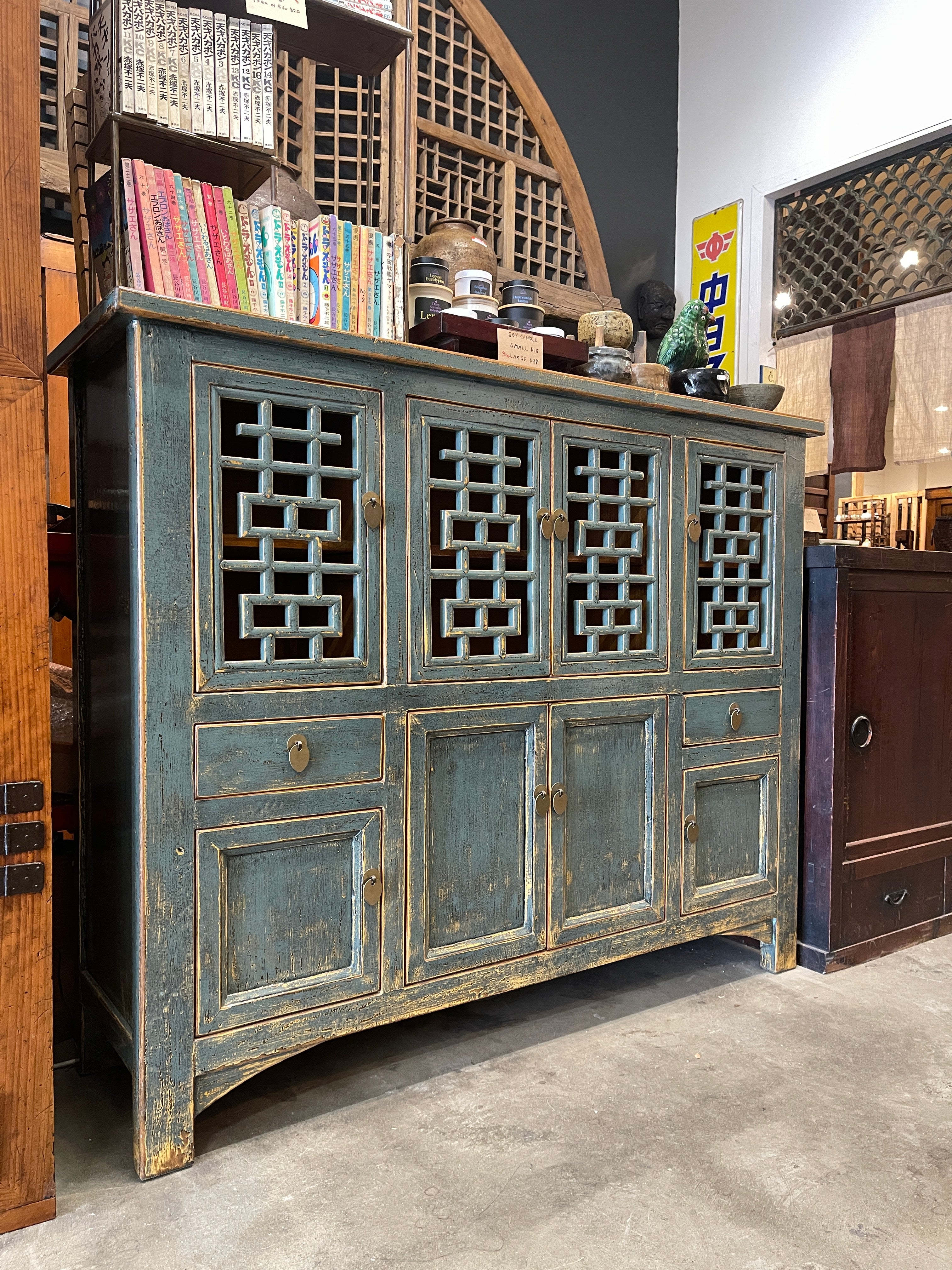 Chinese Blue-Gray Lacquered Kitchen Cabinet