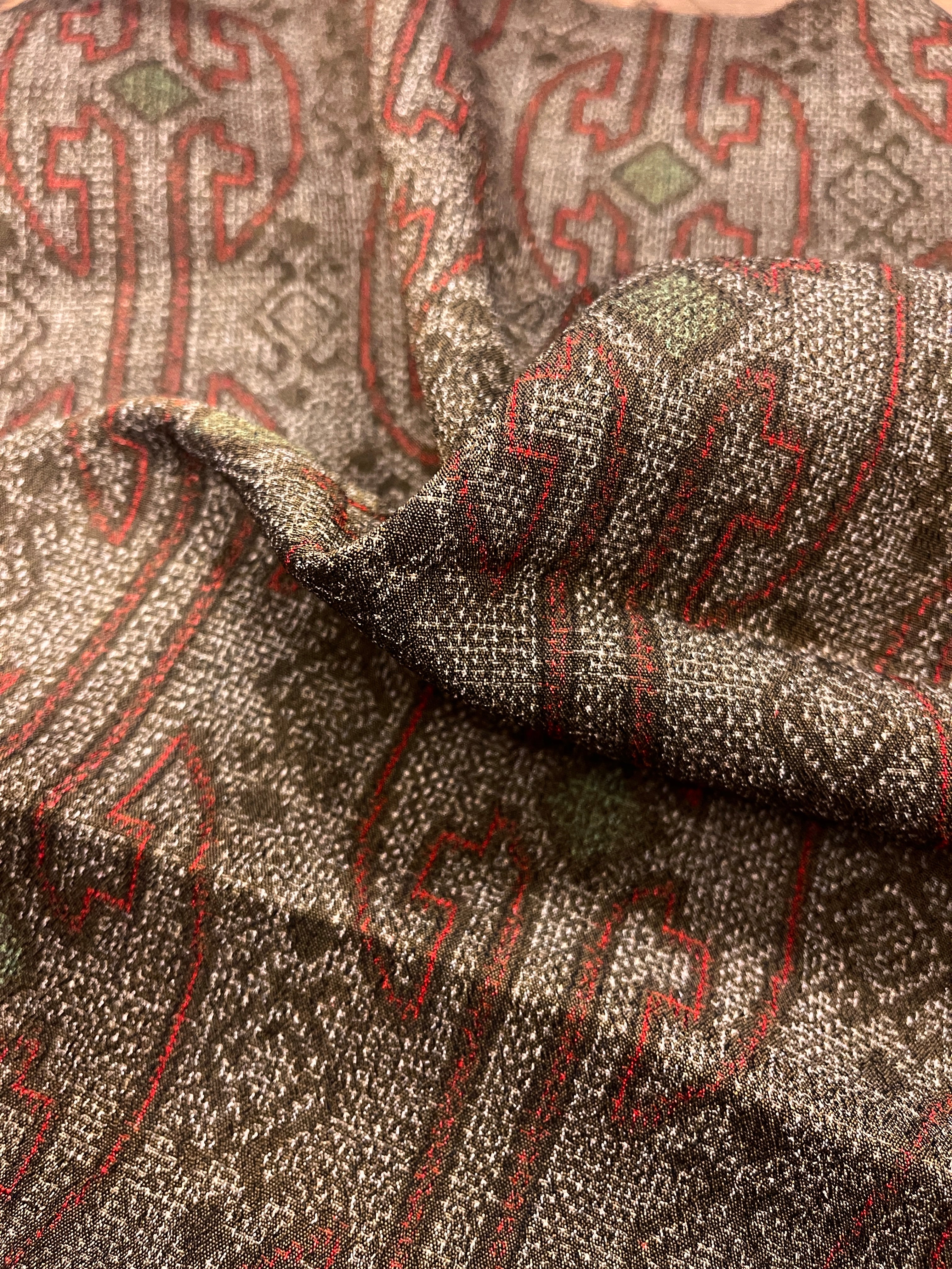 Japanese Silk Olive Green with Red Design