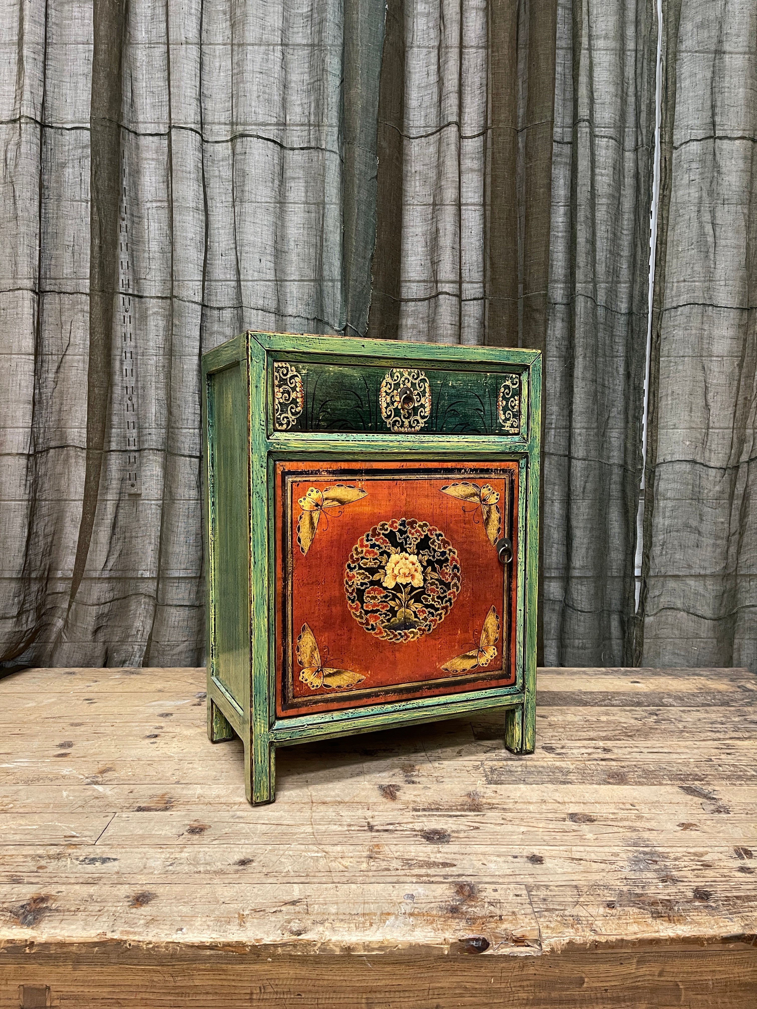 Provincial Style Chinese Green Lacquered Side Cabinet