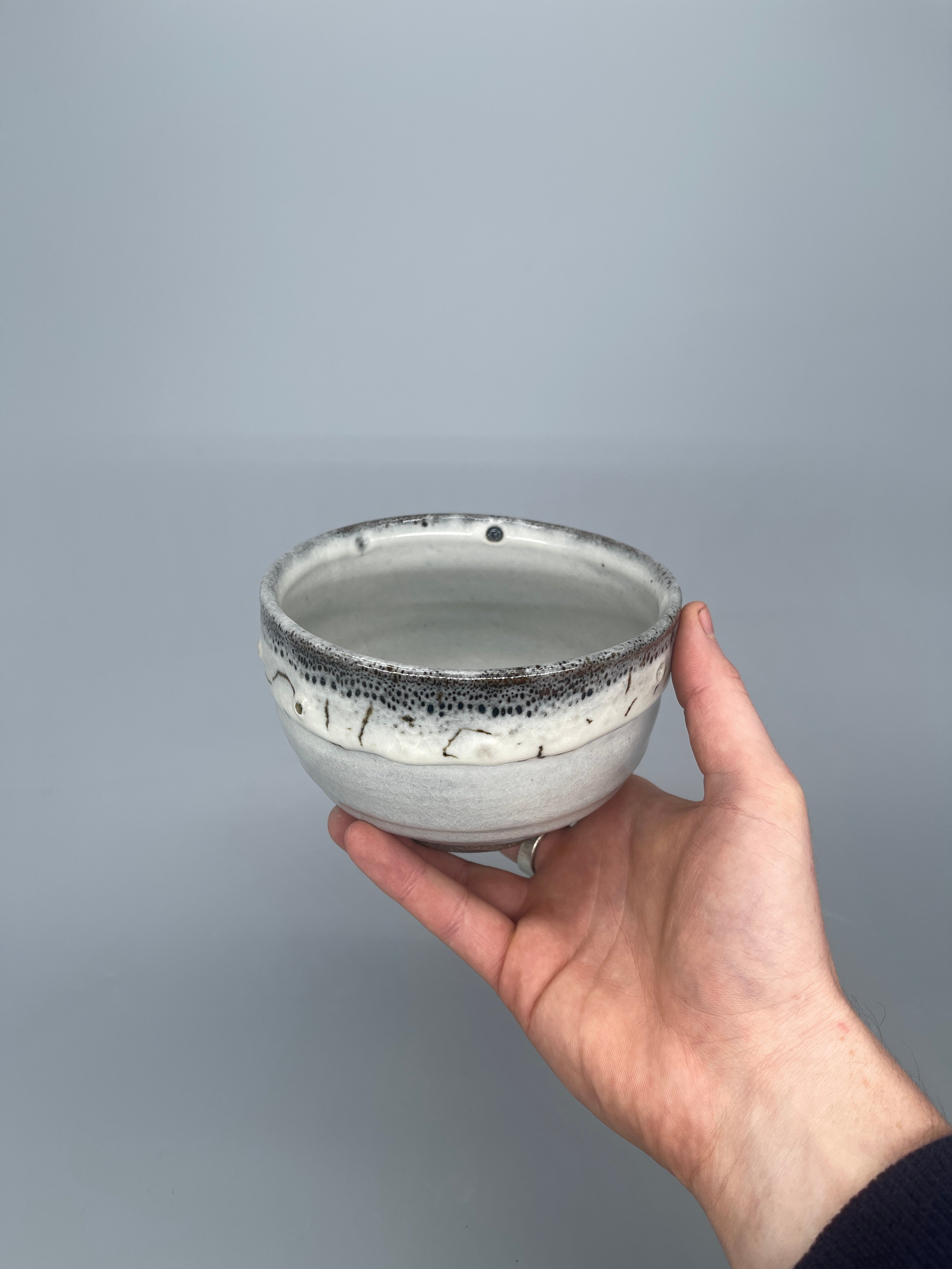 Vintage Japanese Matcha Bowl, Chawan - Blue & White Shino Glaze