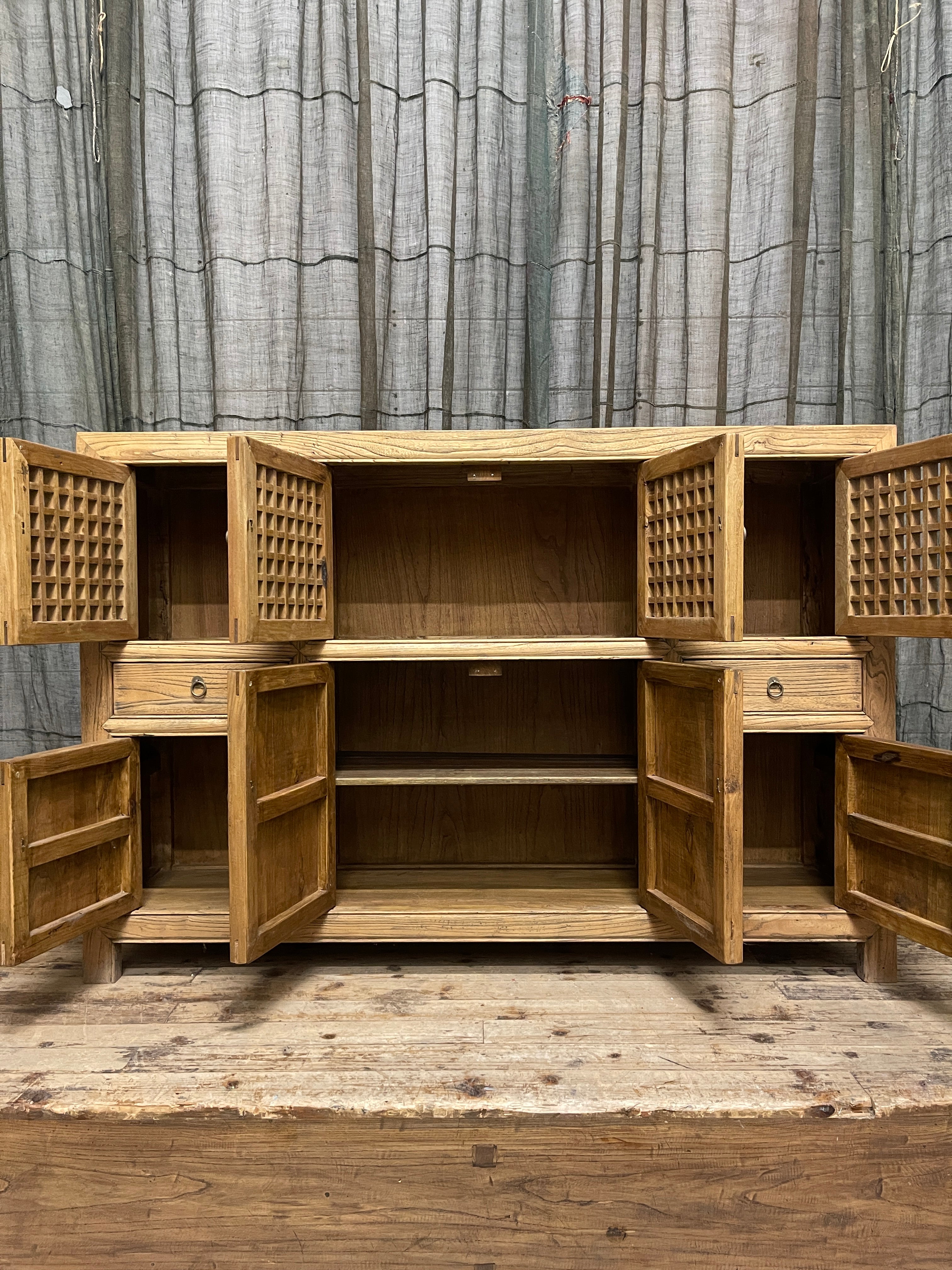 Chinese Recycled Elm Kitchen Cabinet, Lattice Doors
