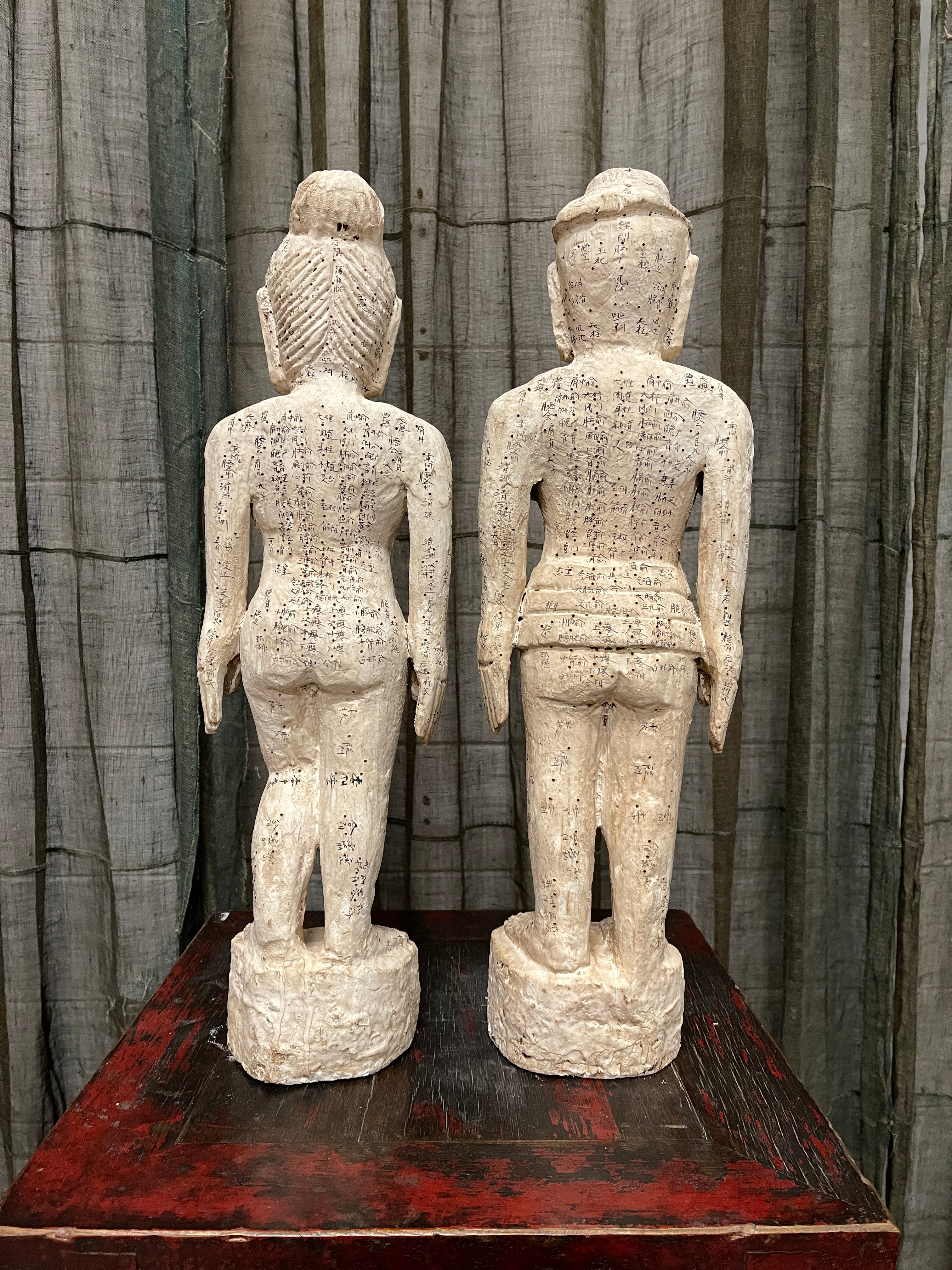Pair of Chinese Carved Wooden Acupuncture Statues