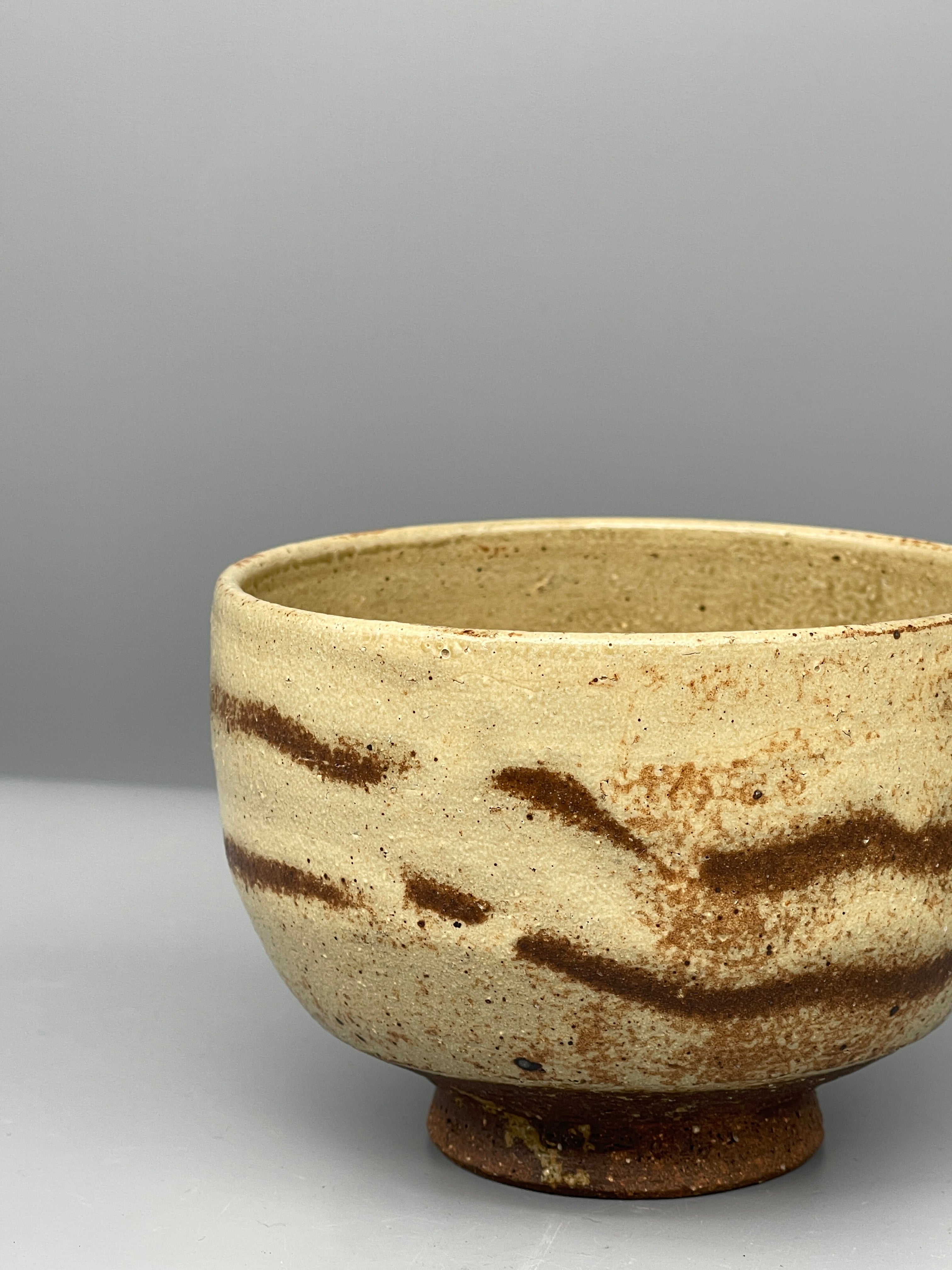 Vintage Japanese Chawan Tea Bowl - Stoneware, Ash Glaze Striping