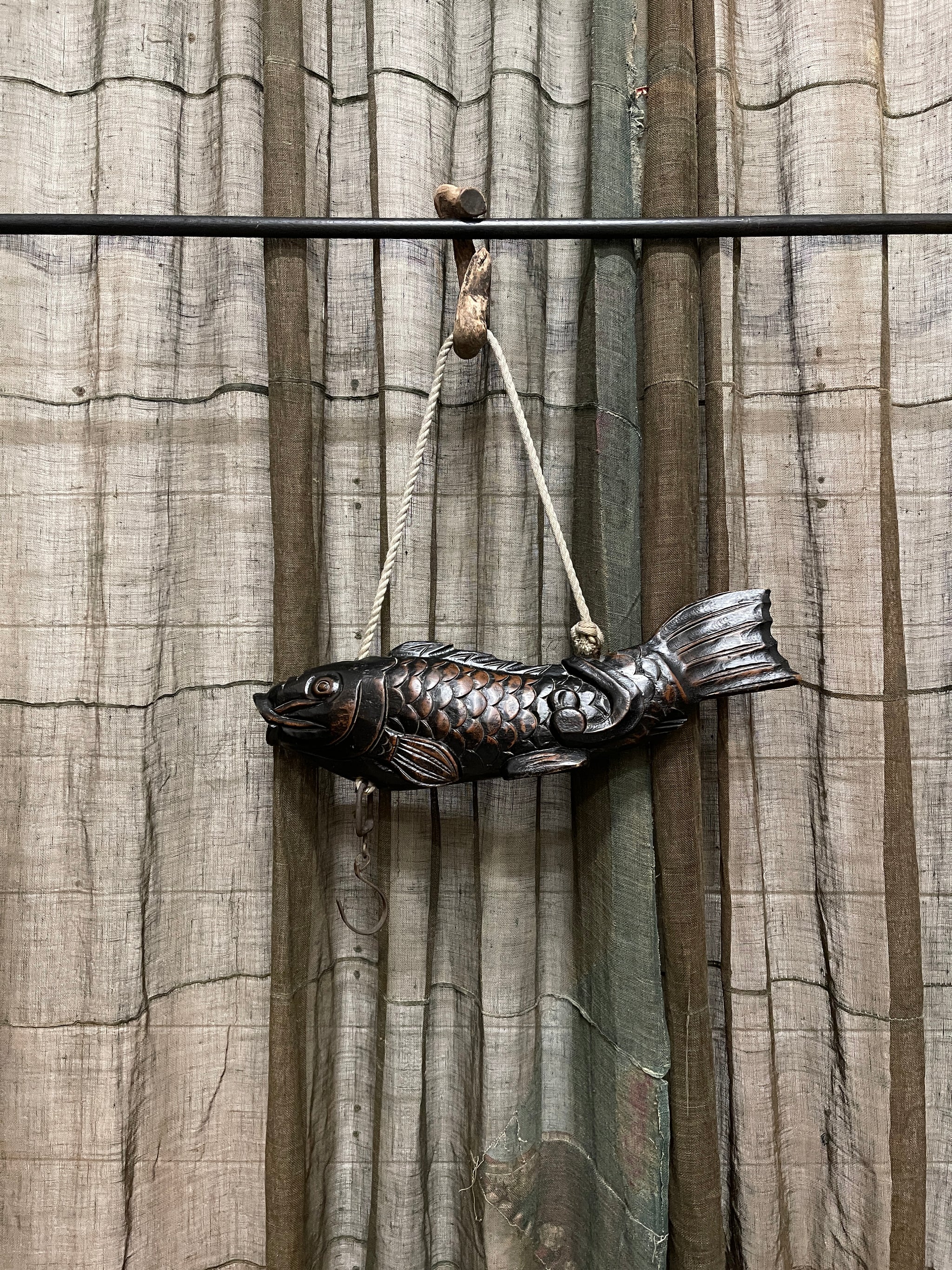 Vintage Japanese Carved Wooden Koi Fish, Jizai Kagi
