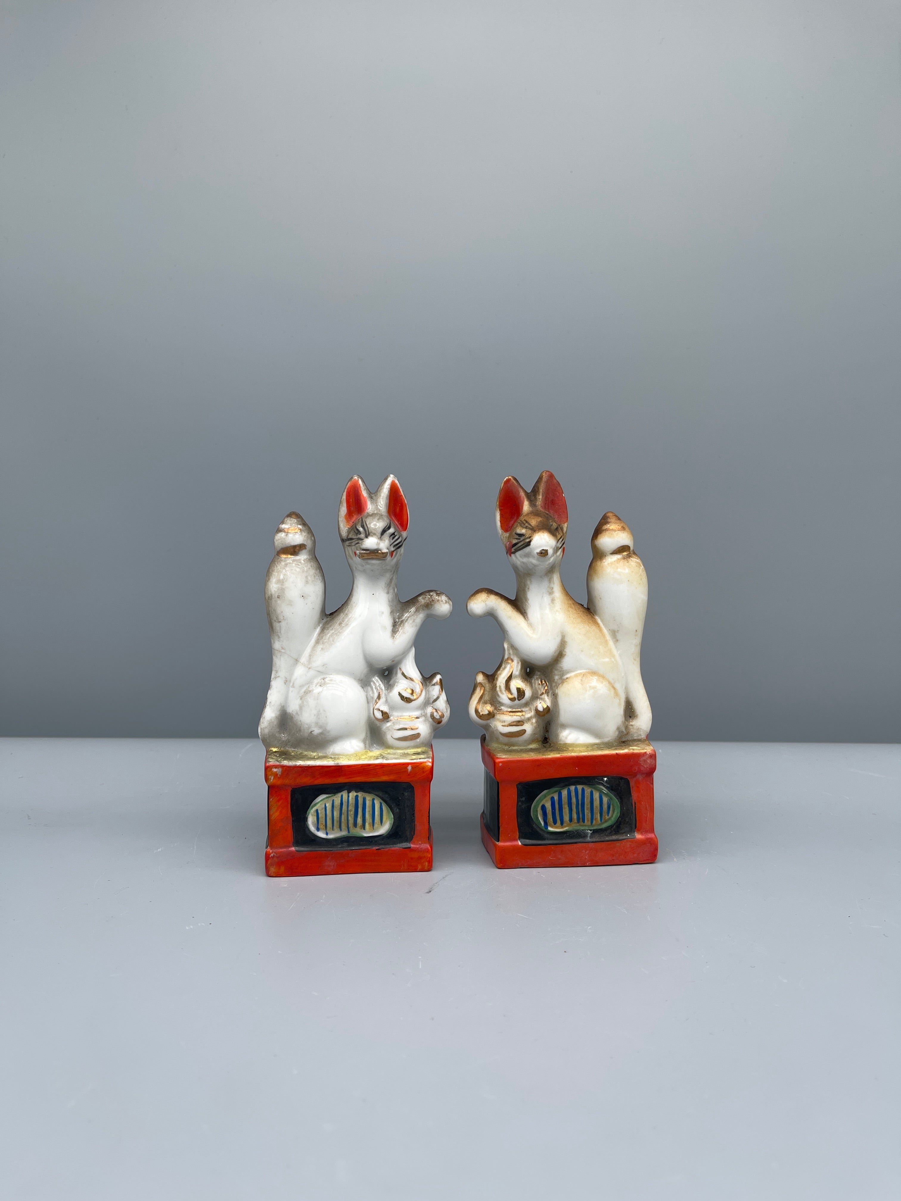 Pair of Vintage Japanese Porcelain Kitsune Statues
