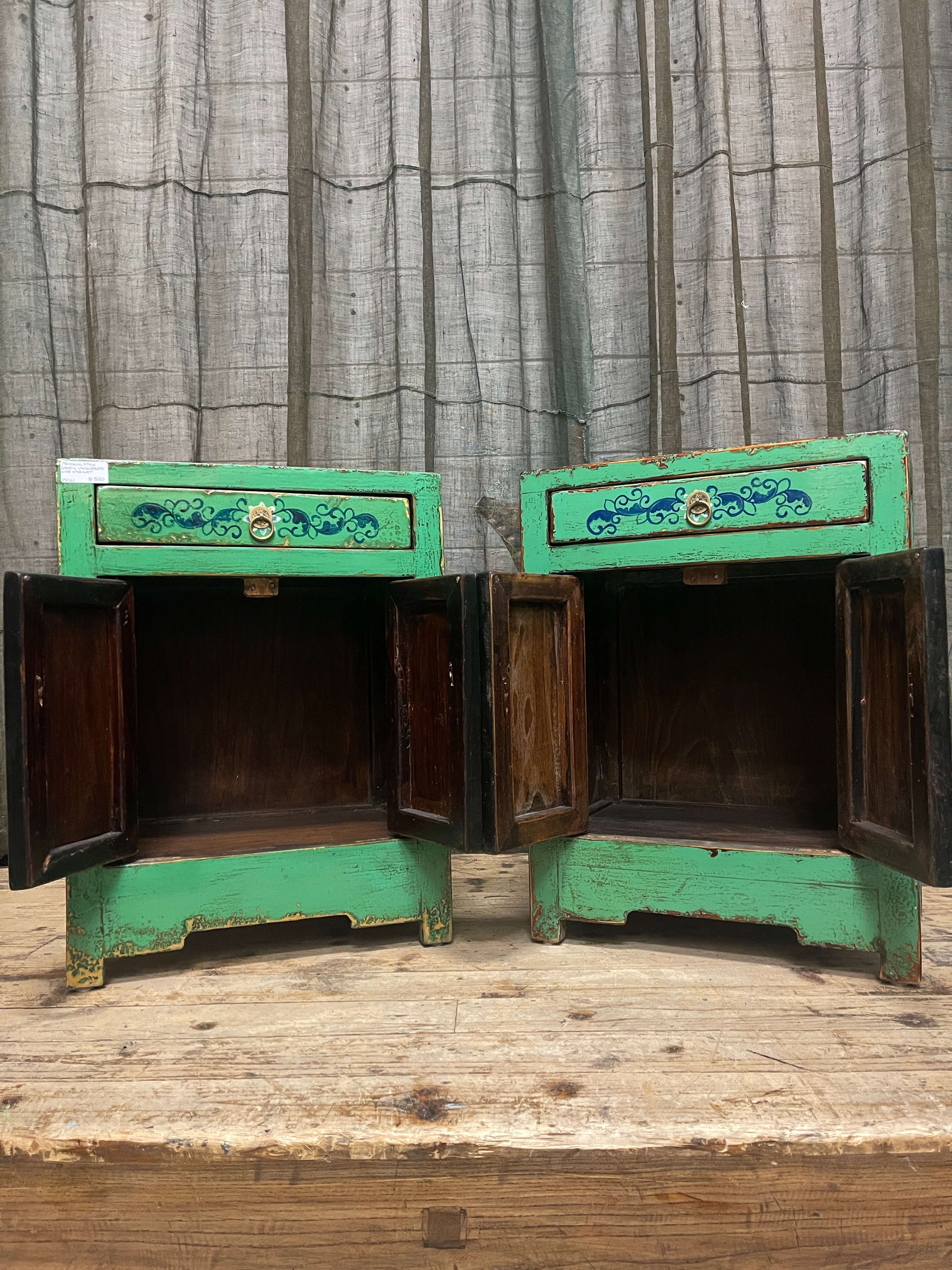 Chinese Green Lacquered Side Cabinet