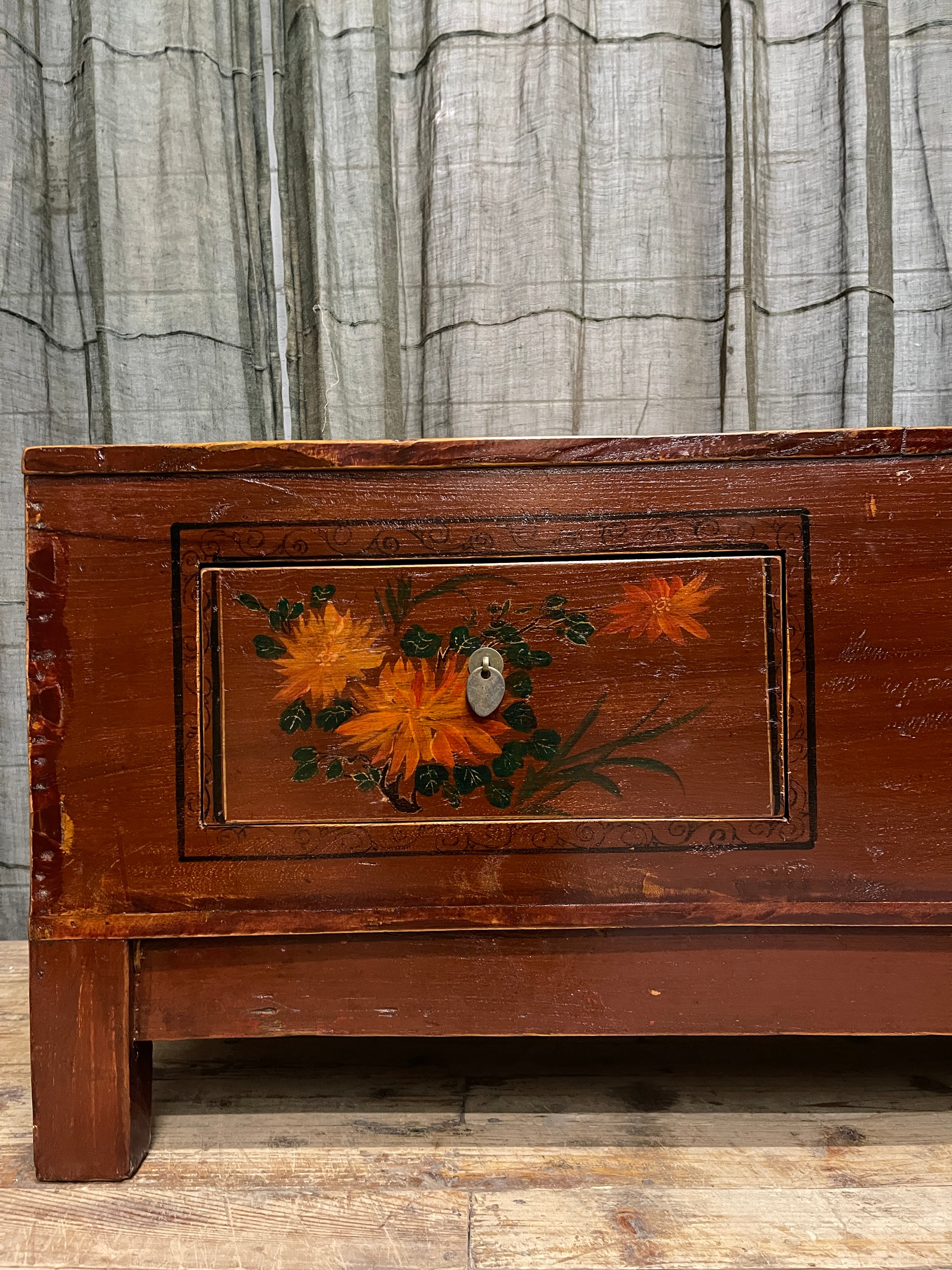 Antique Chinese Low Cabinet, 3 Drawer, Floral Panels