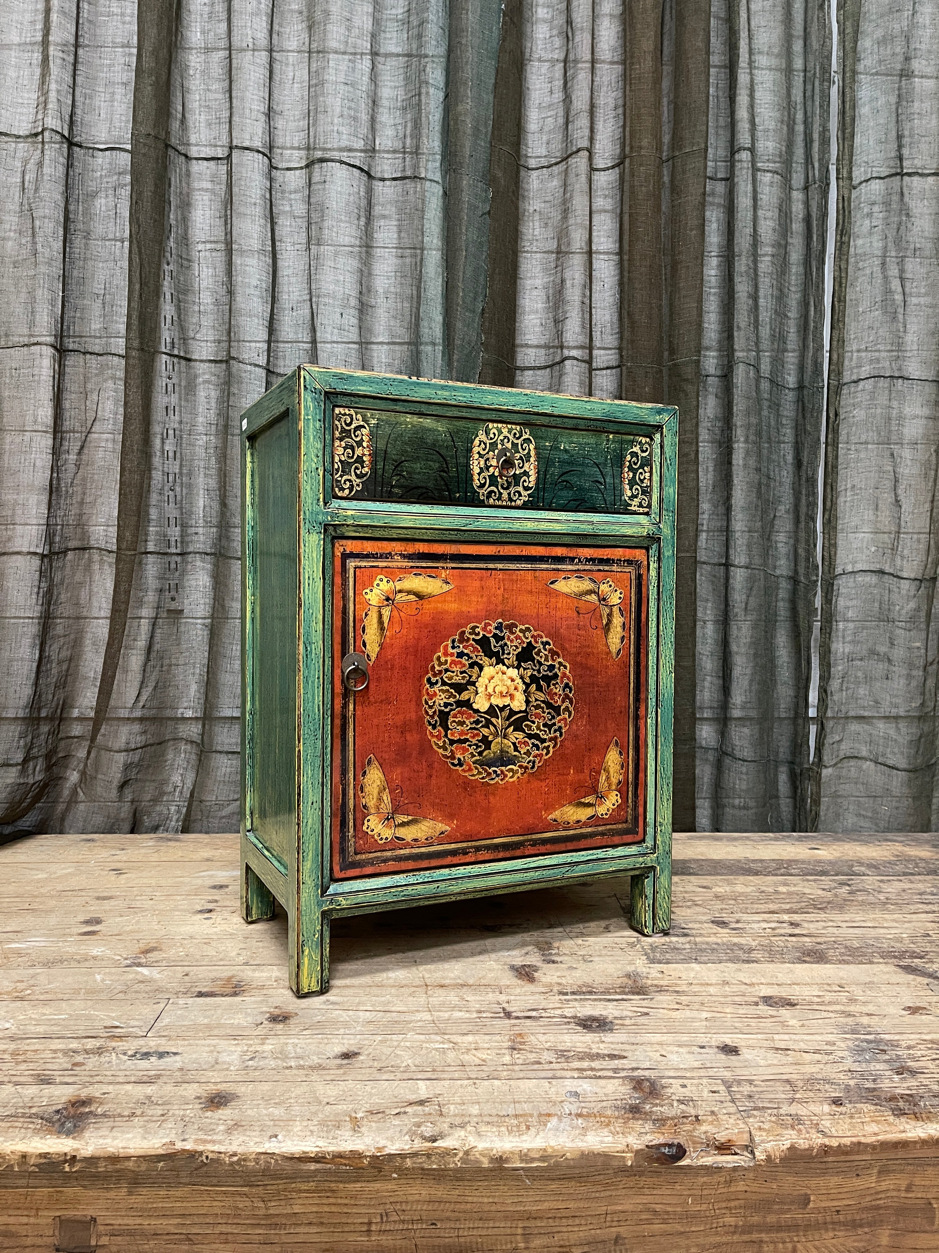 Provincial Style Chinese Green Lacquered Side Cabinet