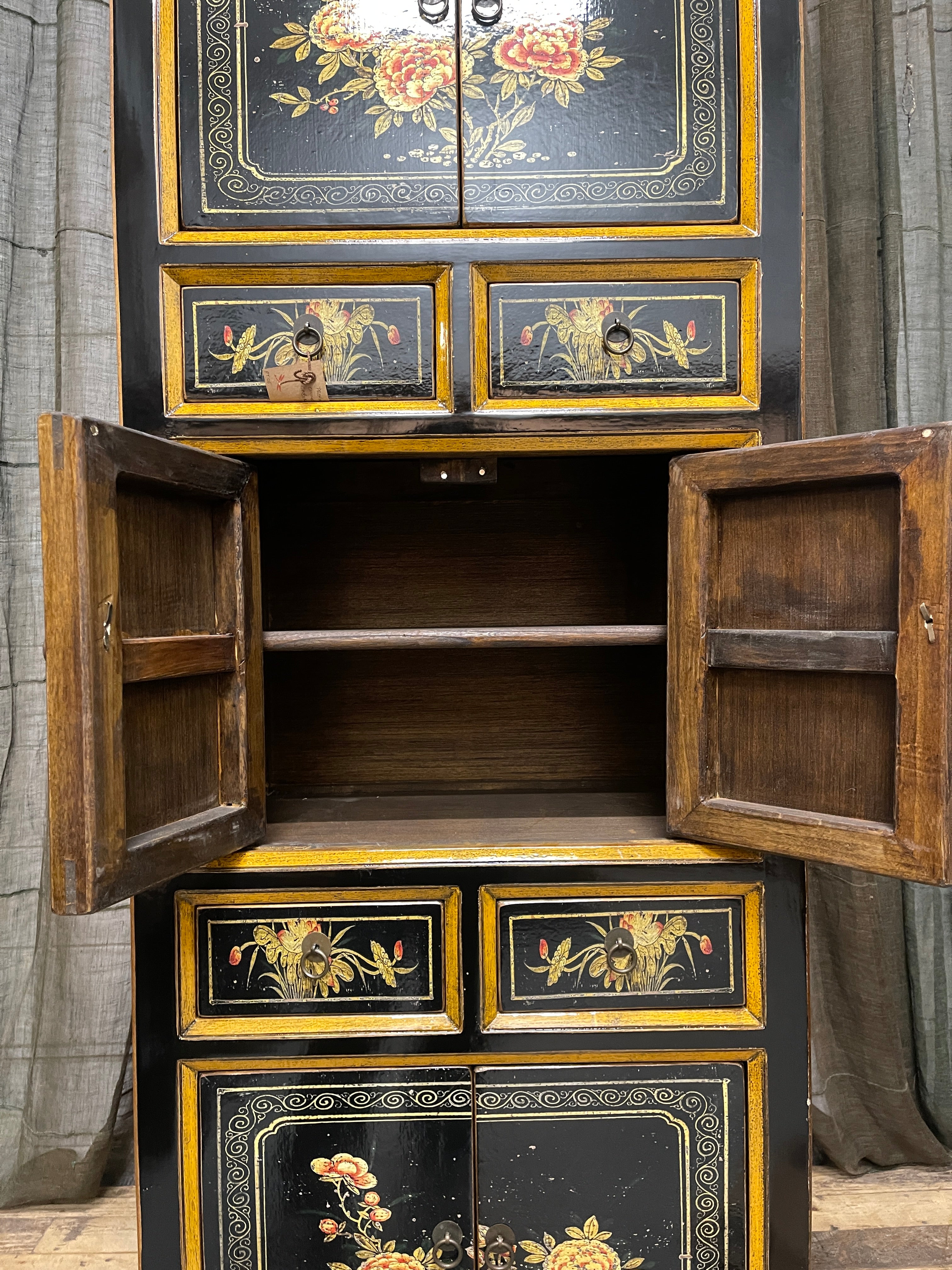 Provincial Style Chinese Black Lacquered Tall Cabinet