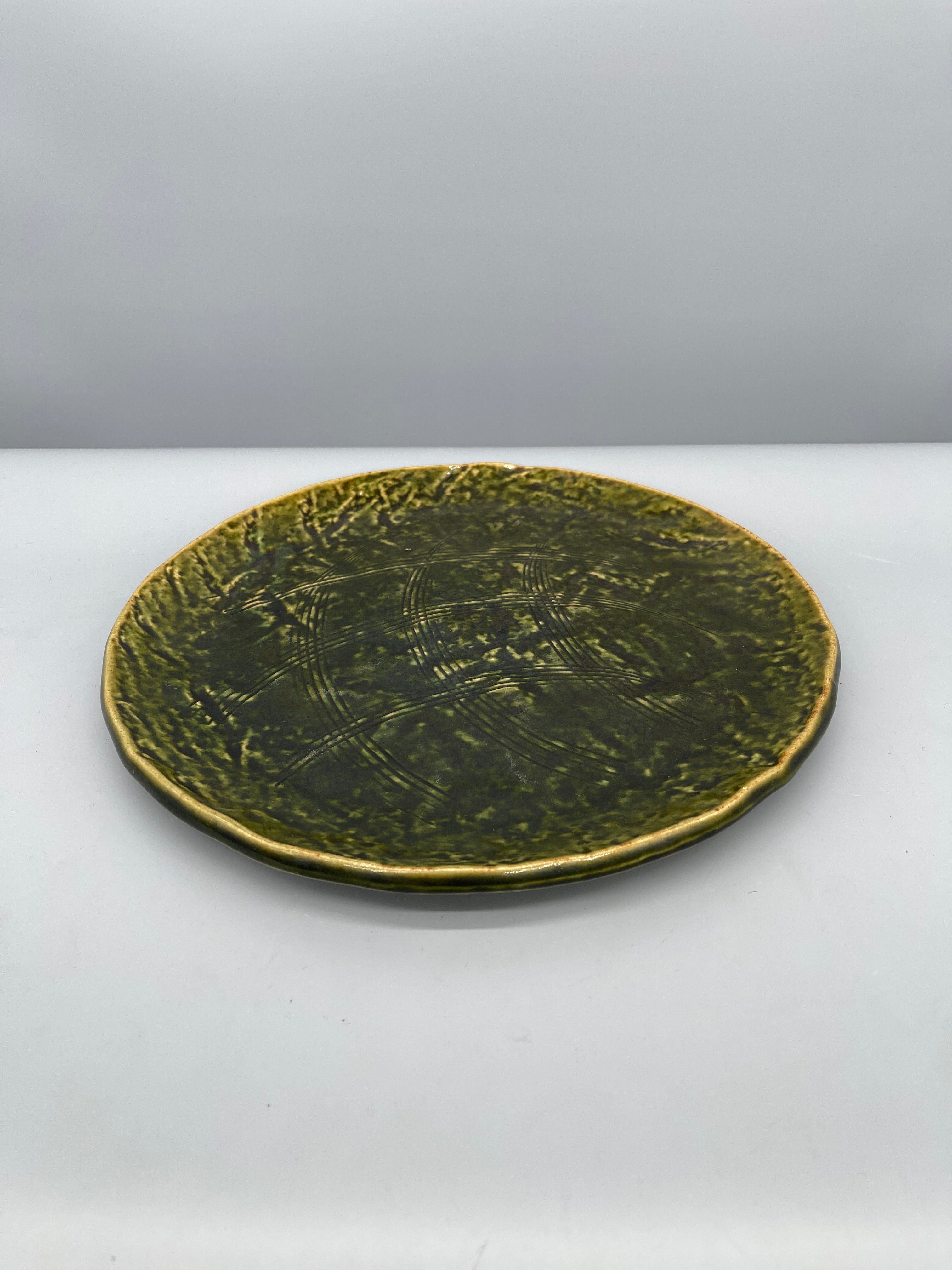 Vintage Japanese Flat Serving Plate, Oribe Green Glaze