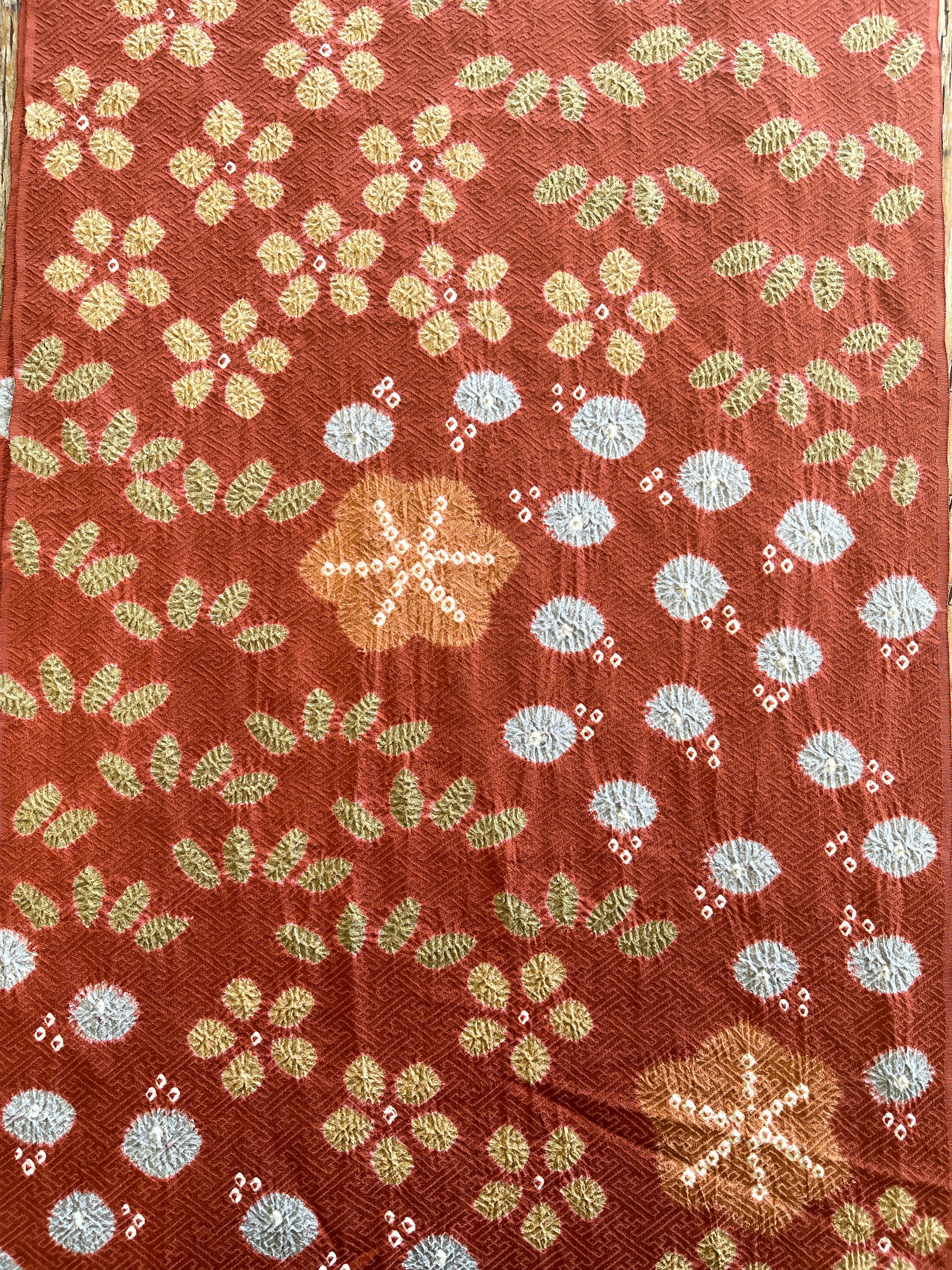 Japanese Silk Fabric, Terracotta with  Shibori Design