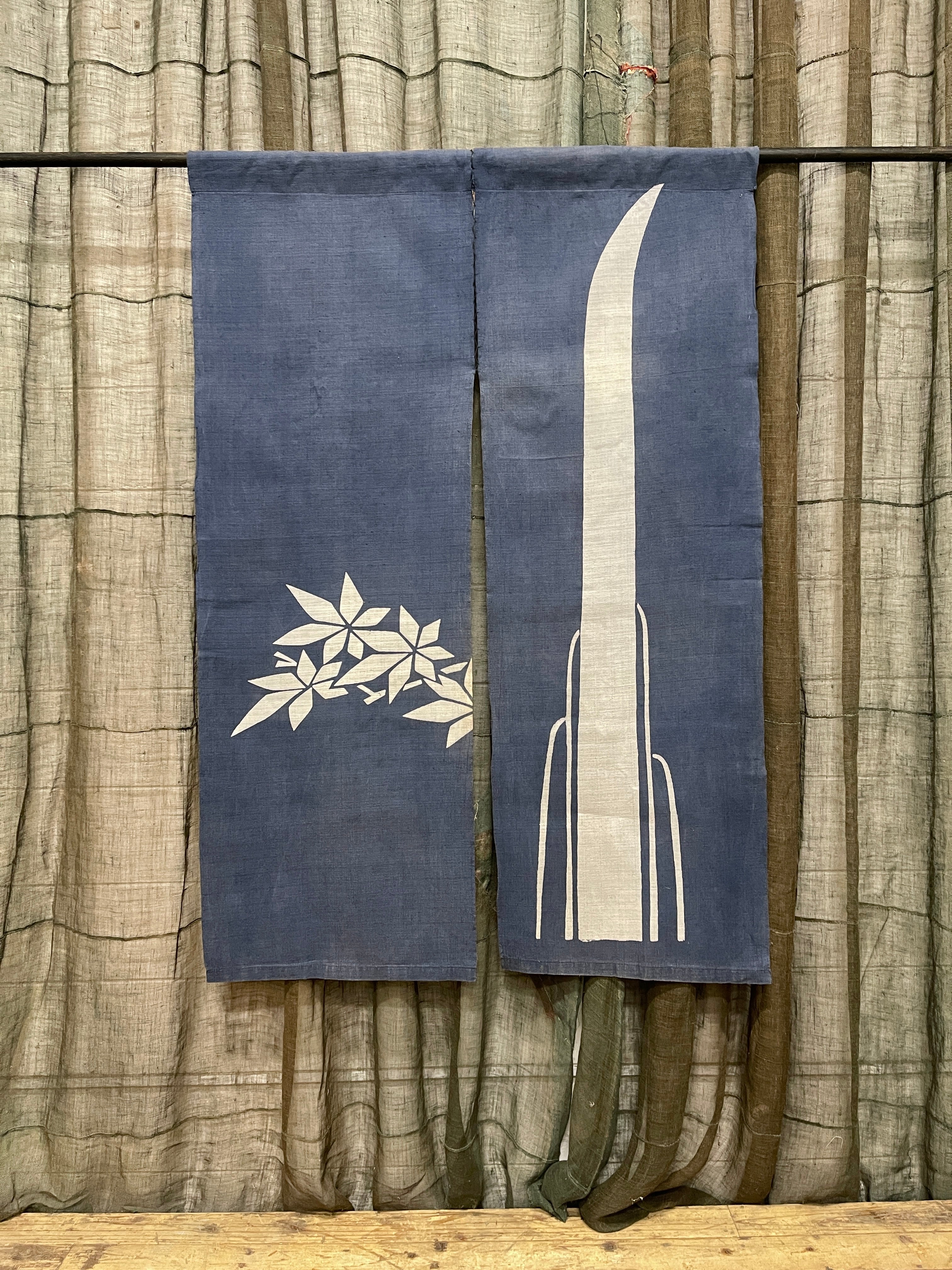 Vintage Japanese Hemp Noren, Panelled Curtain