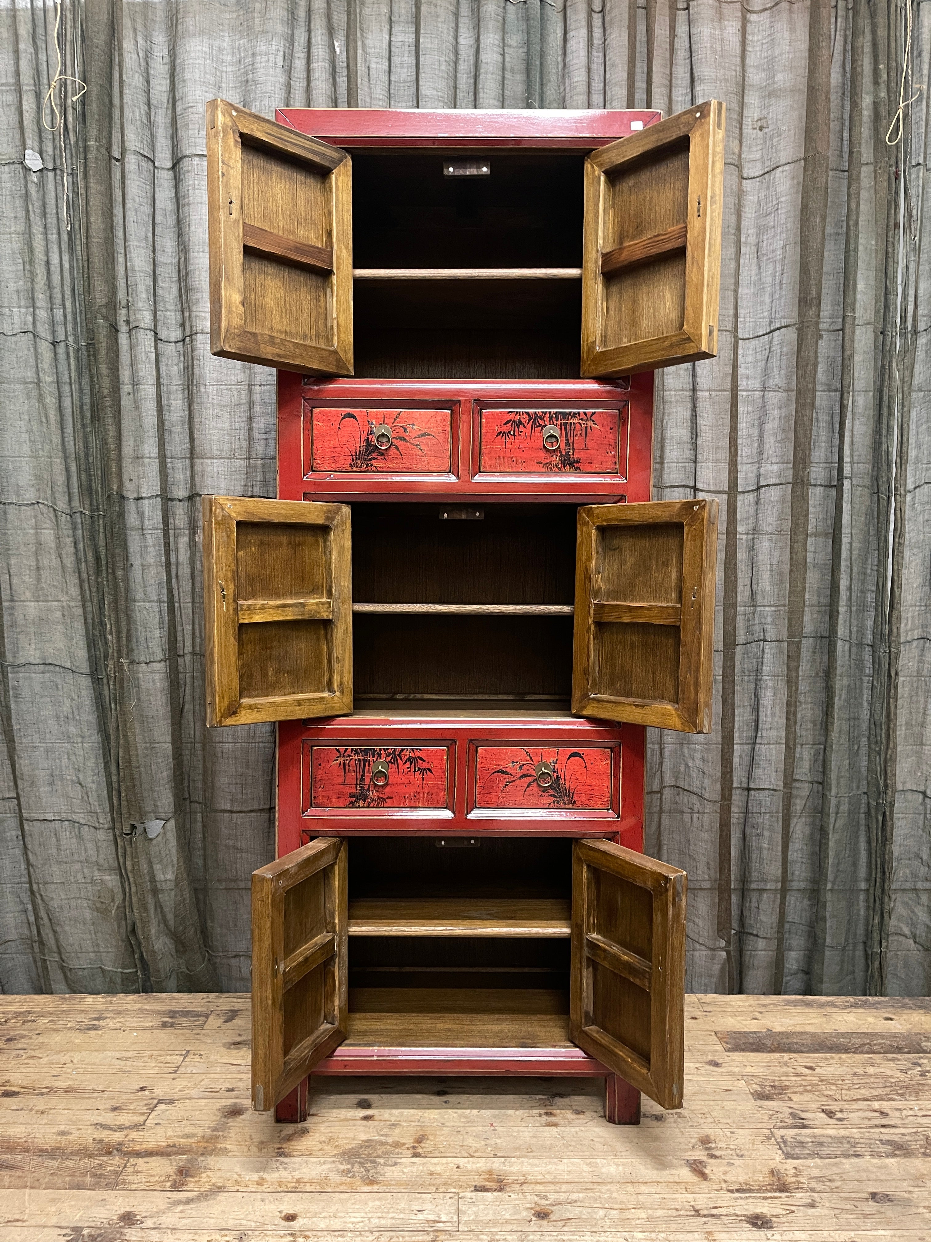 Chinese Red Lacquered Storage Cabinet, Floral Medallion