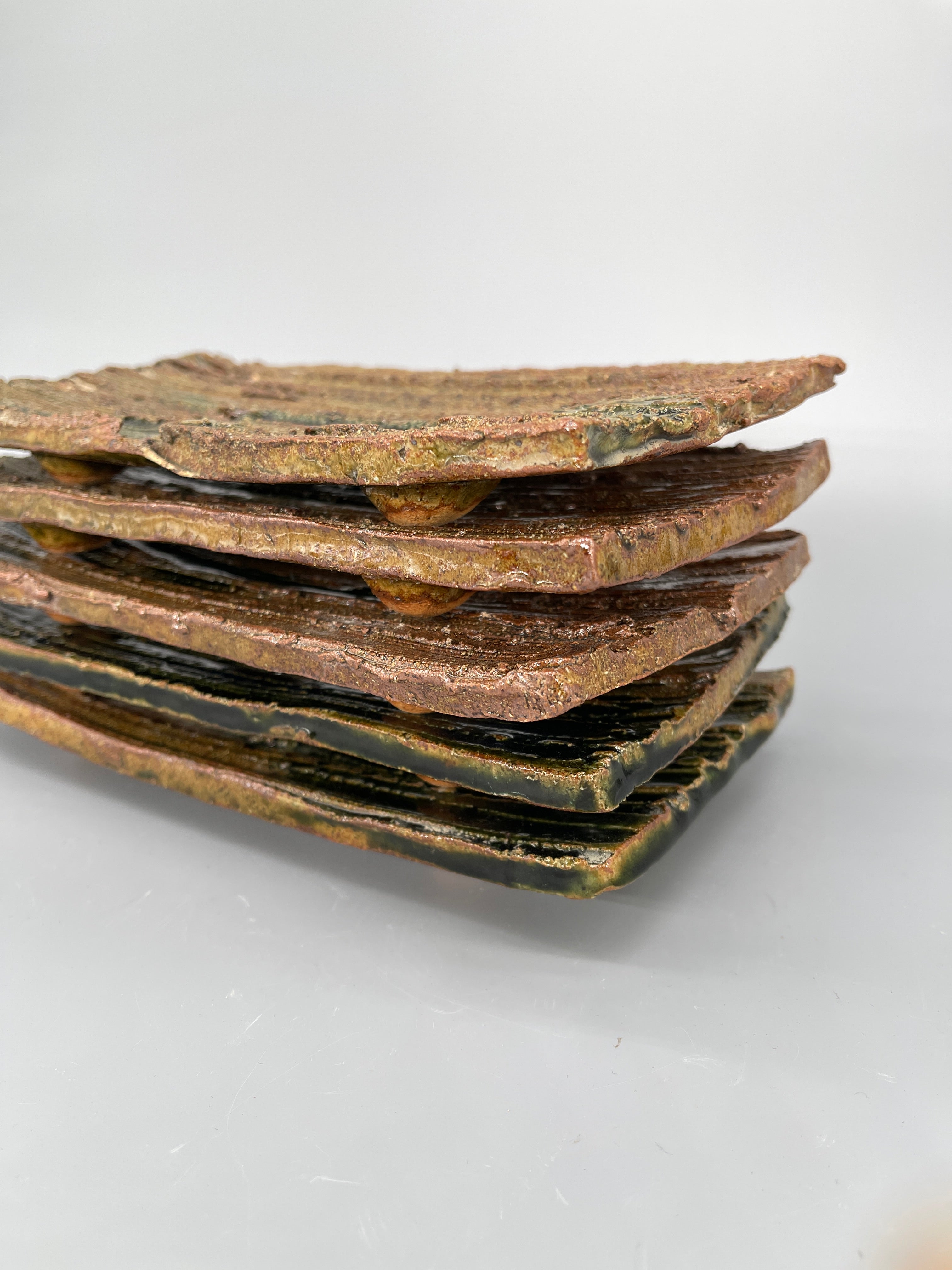 Set Of 5 Japanese Rectangular Serving Plate, Deep Green Glaze