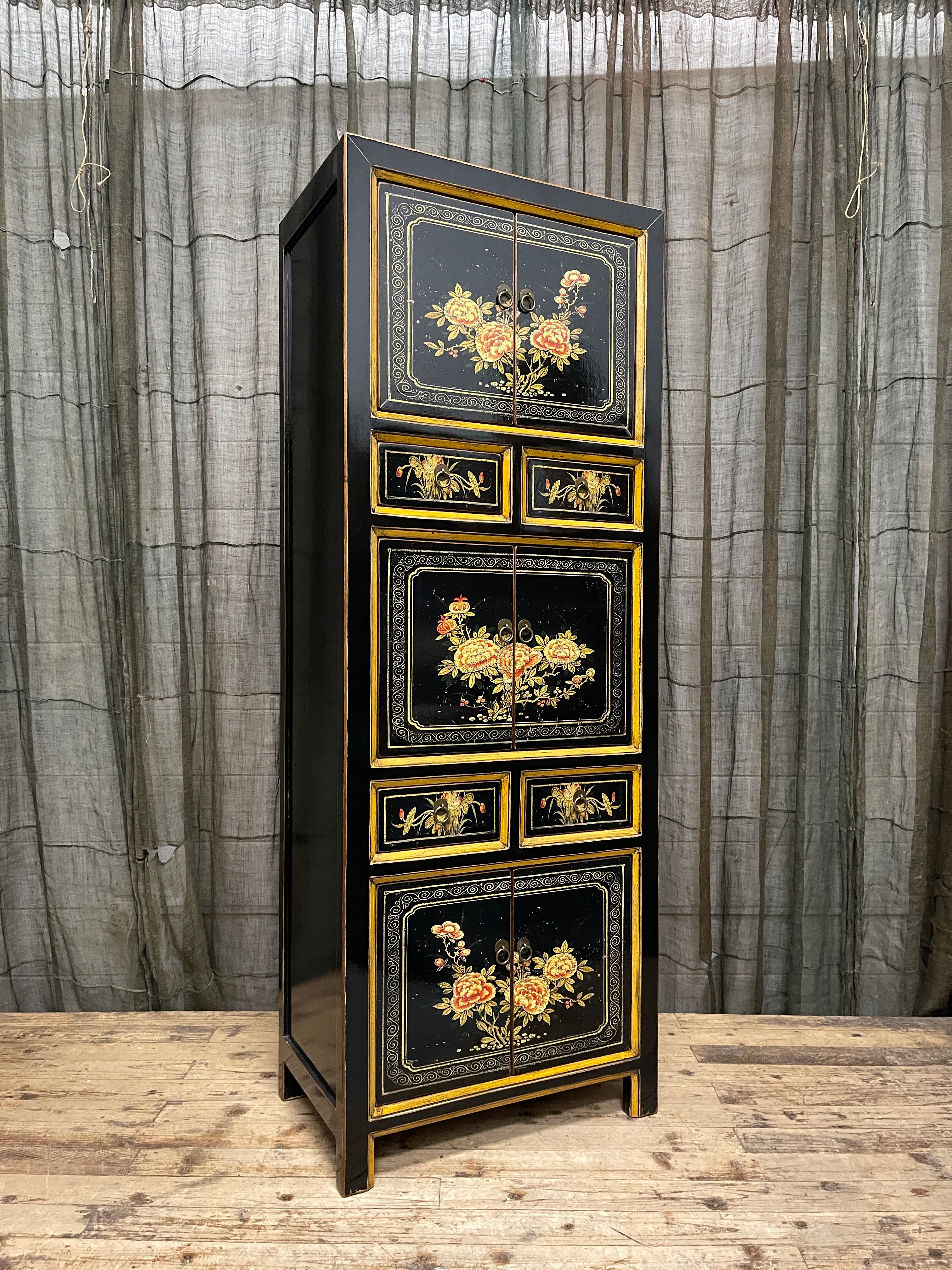 Chinese Black Lacquered Storage Cabinet, Gold Bordered Floral Panels