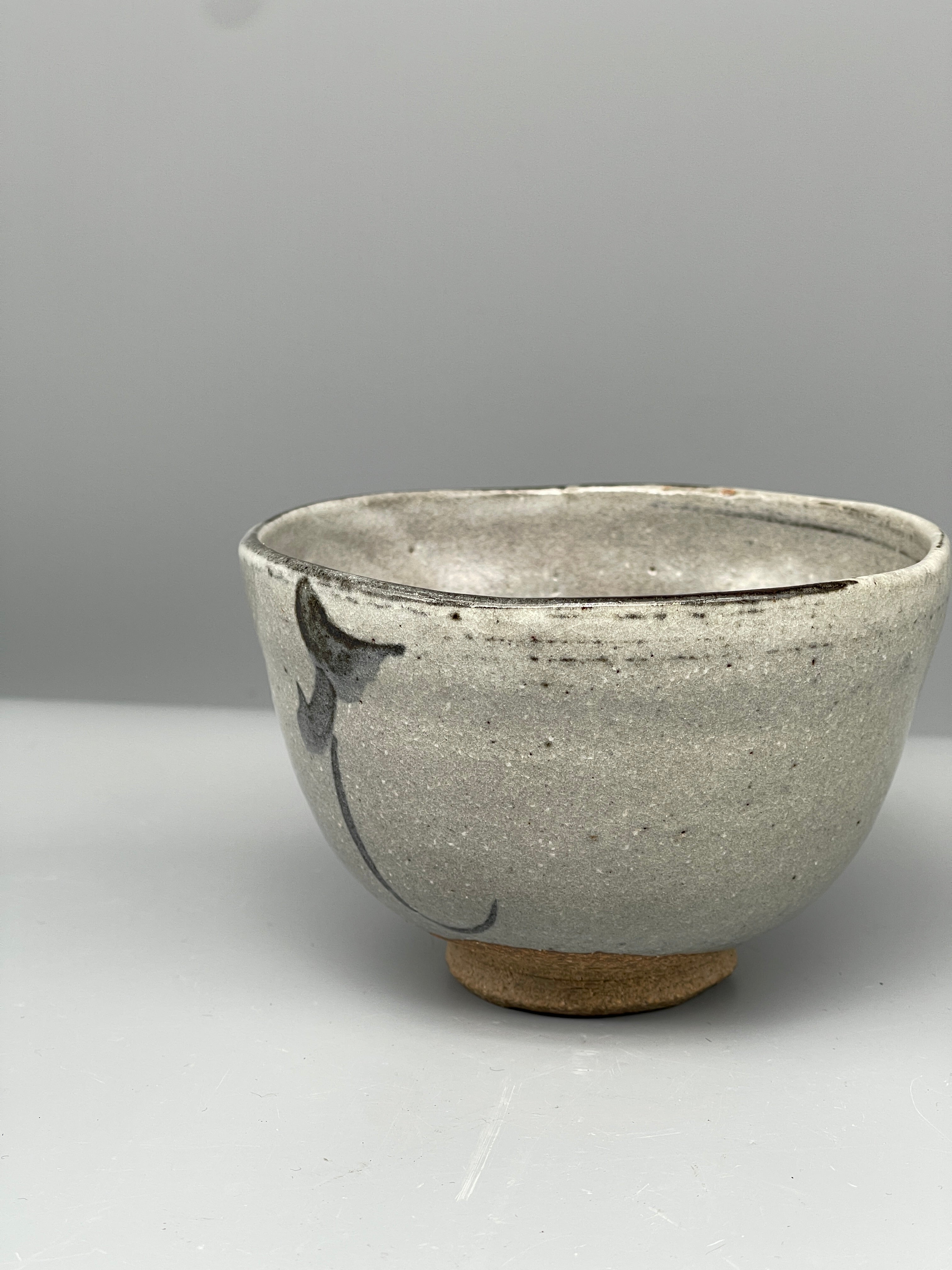 Vintage Japanese Chawan Tea Bowl - Stoneware, Grey Glaze Vine Motif