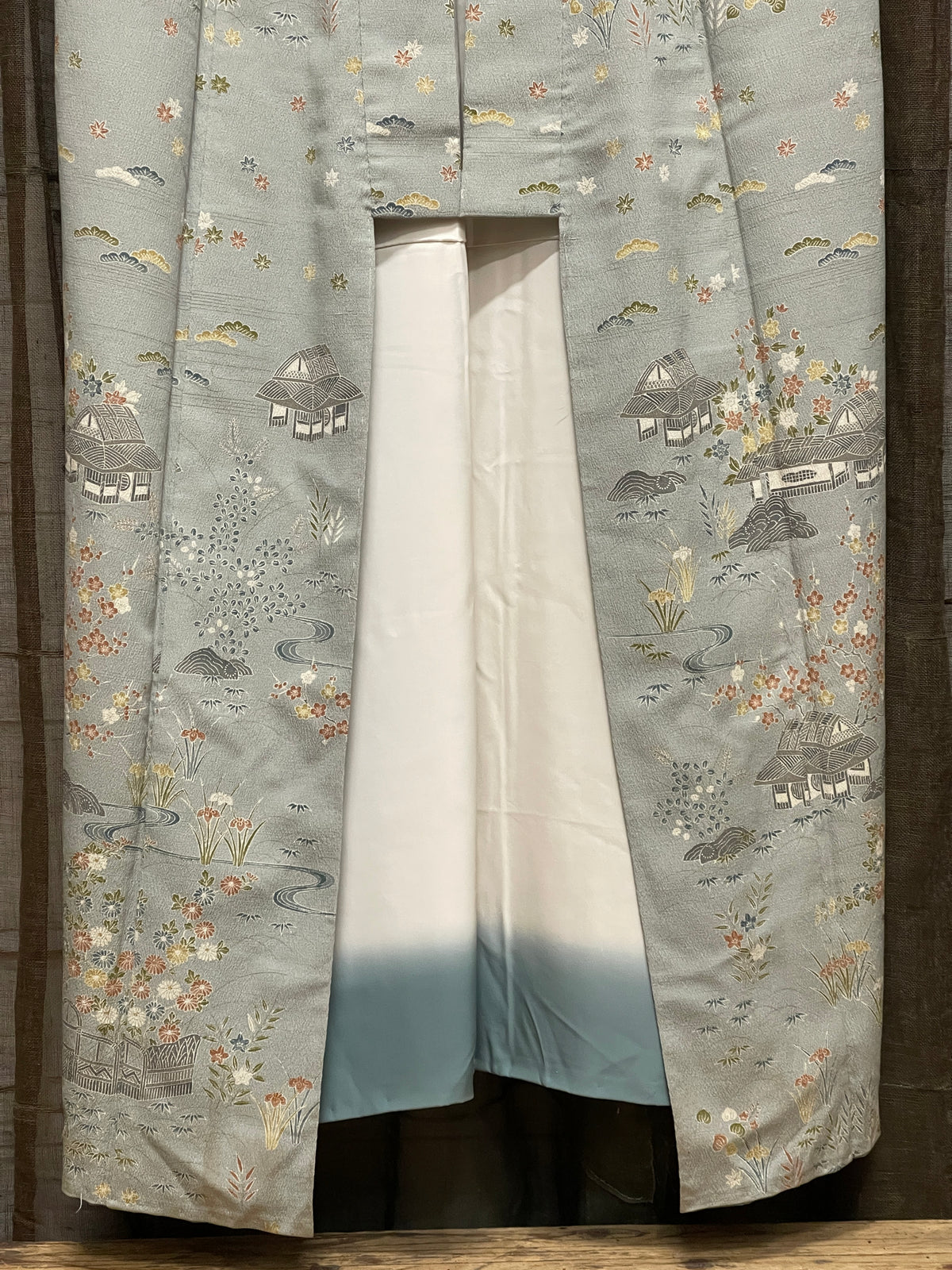 Vintage Japanese Silk Chirimen Kimono, Scenic Landscape Pattern