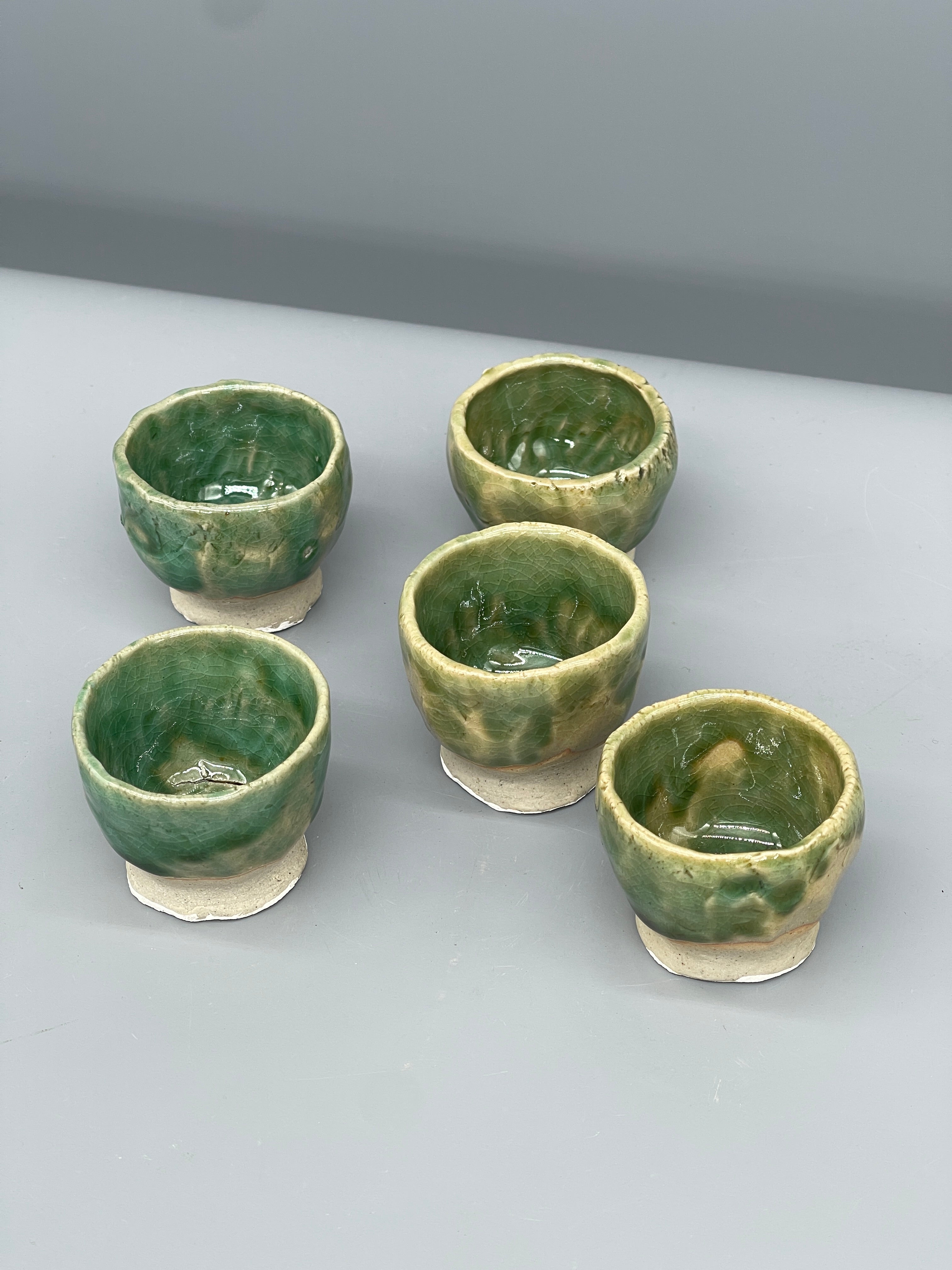 Vintage Set of Five Sake Cups, Glossy Green Glaze