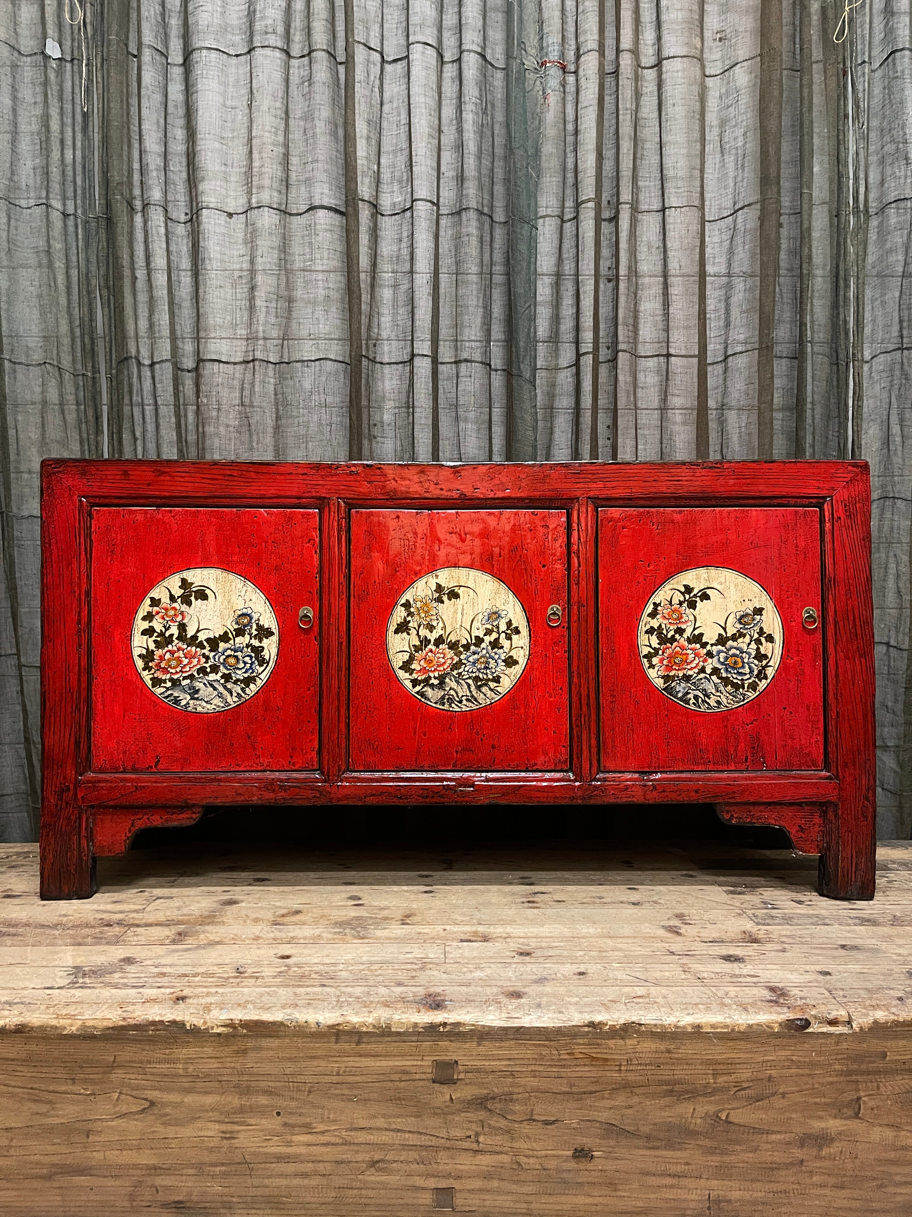 Chinese Red Lacquered Sideboard, Floral Medallion, Gansu Province