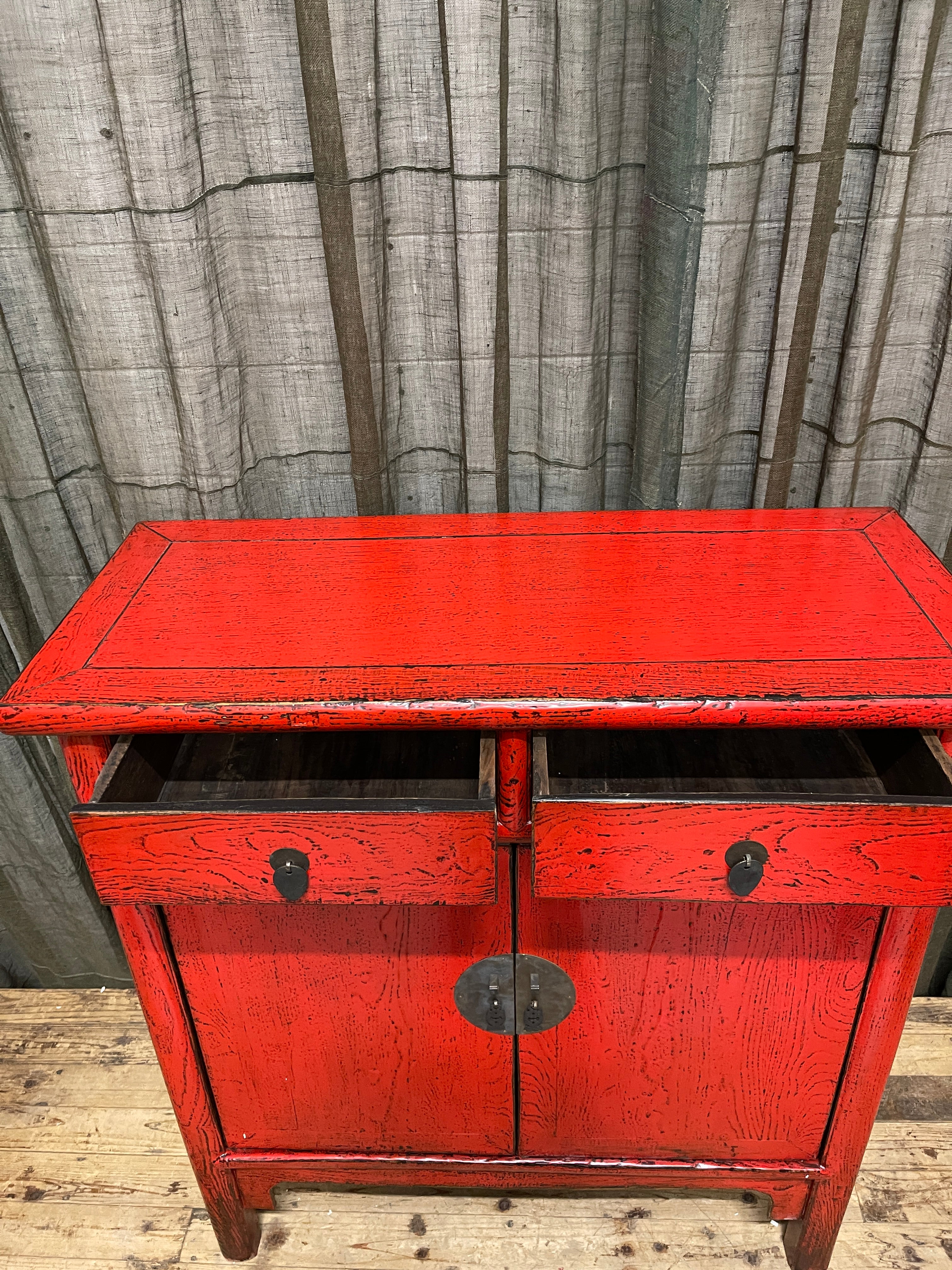 Antique Chinese Red Lacquered Cabinet, 2 Drawer