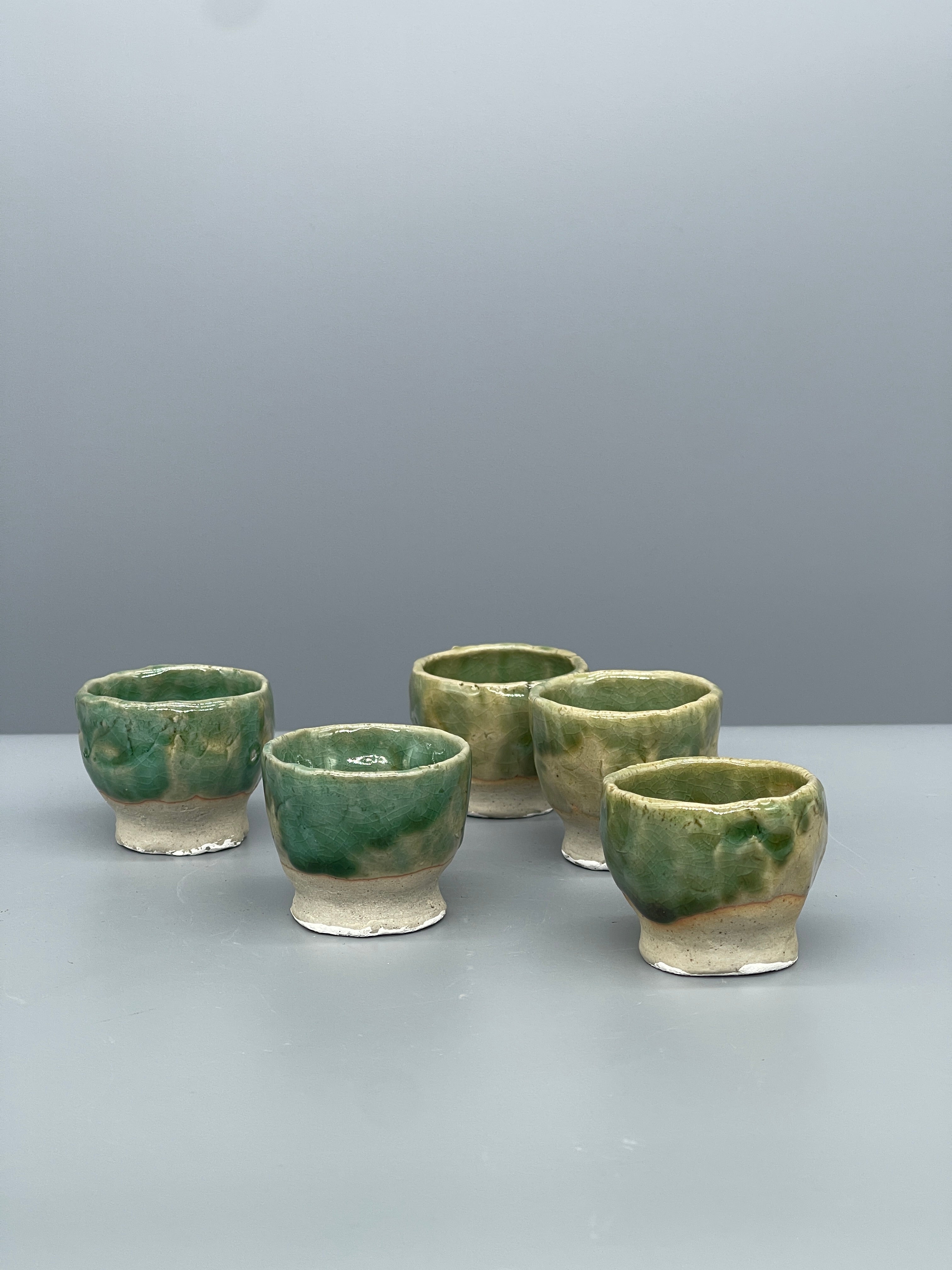 Vintage Set of Five Sake Cups, Glossy Green Glaze