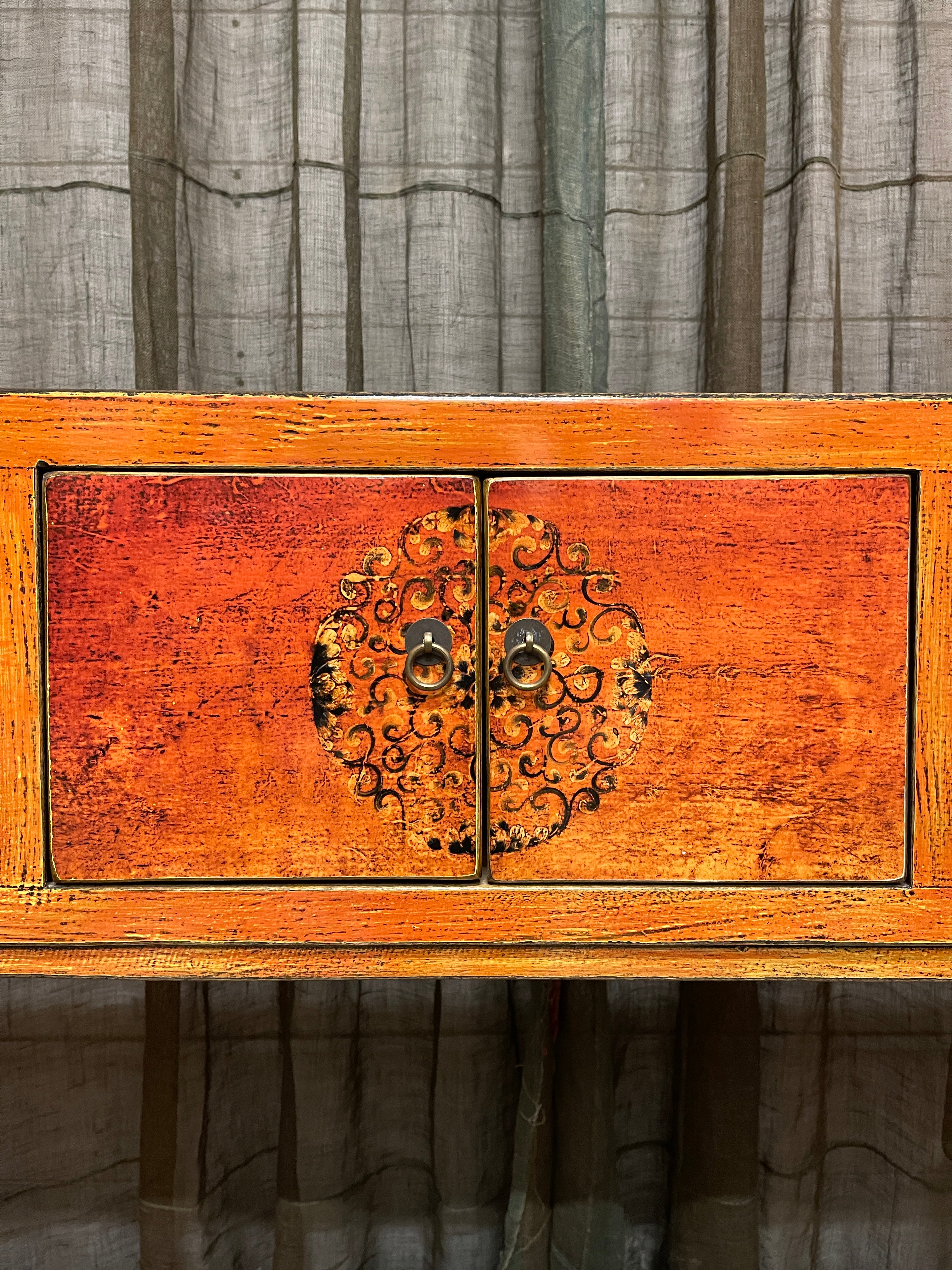 Chinese Orange Lacquered Hall Table, Floral Medallion