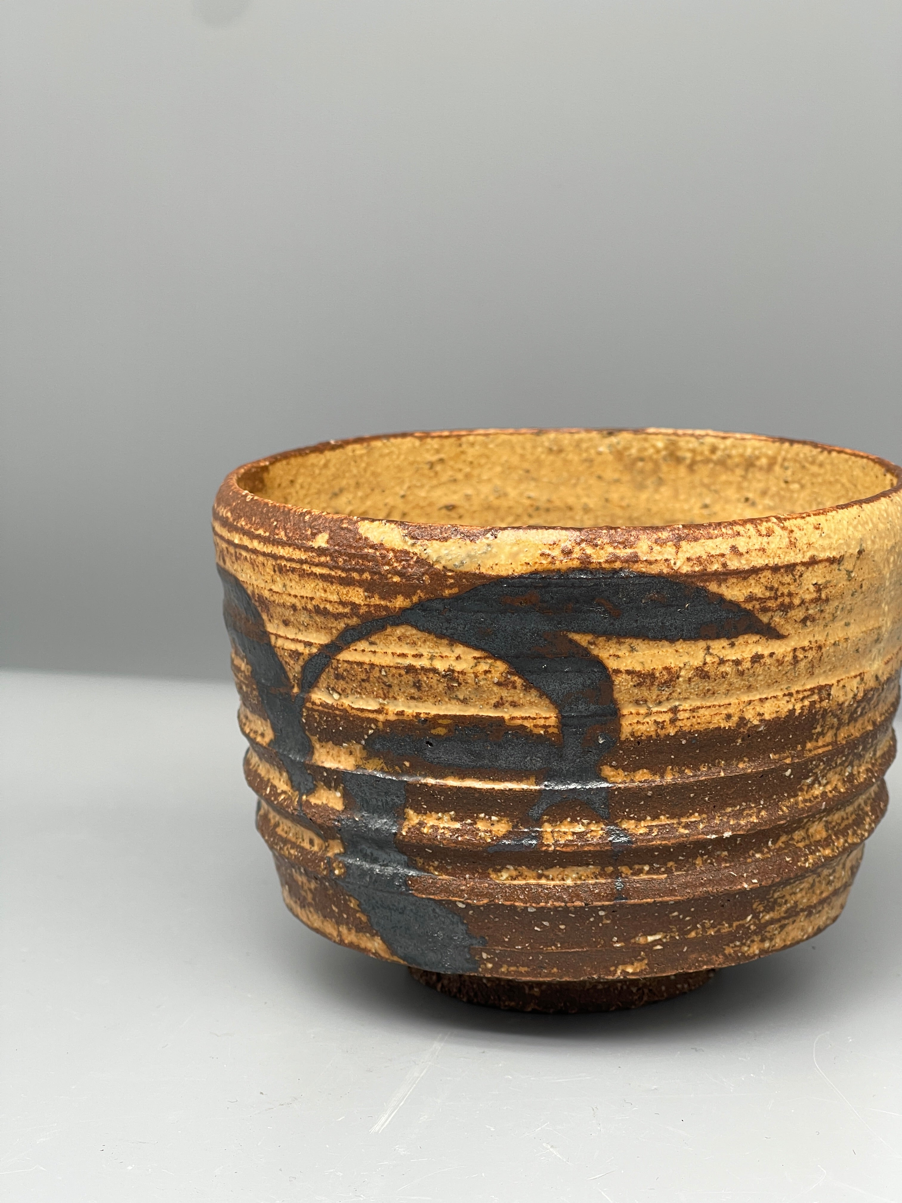 Vintage Japanese Chawan Tea Bowl - Stoneware, Ribbed Ash Glaze