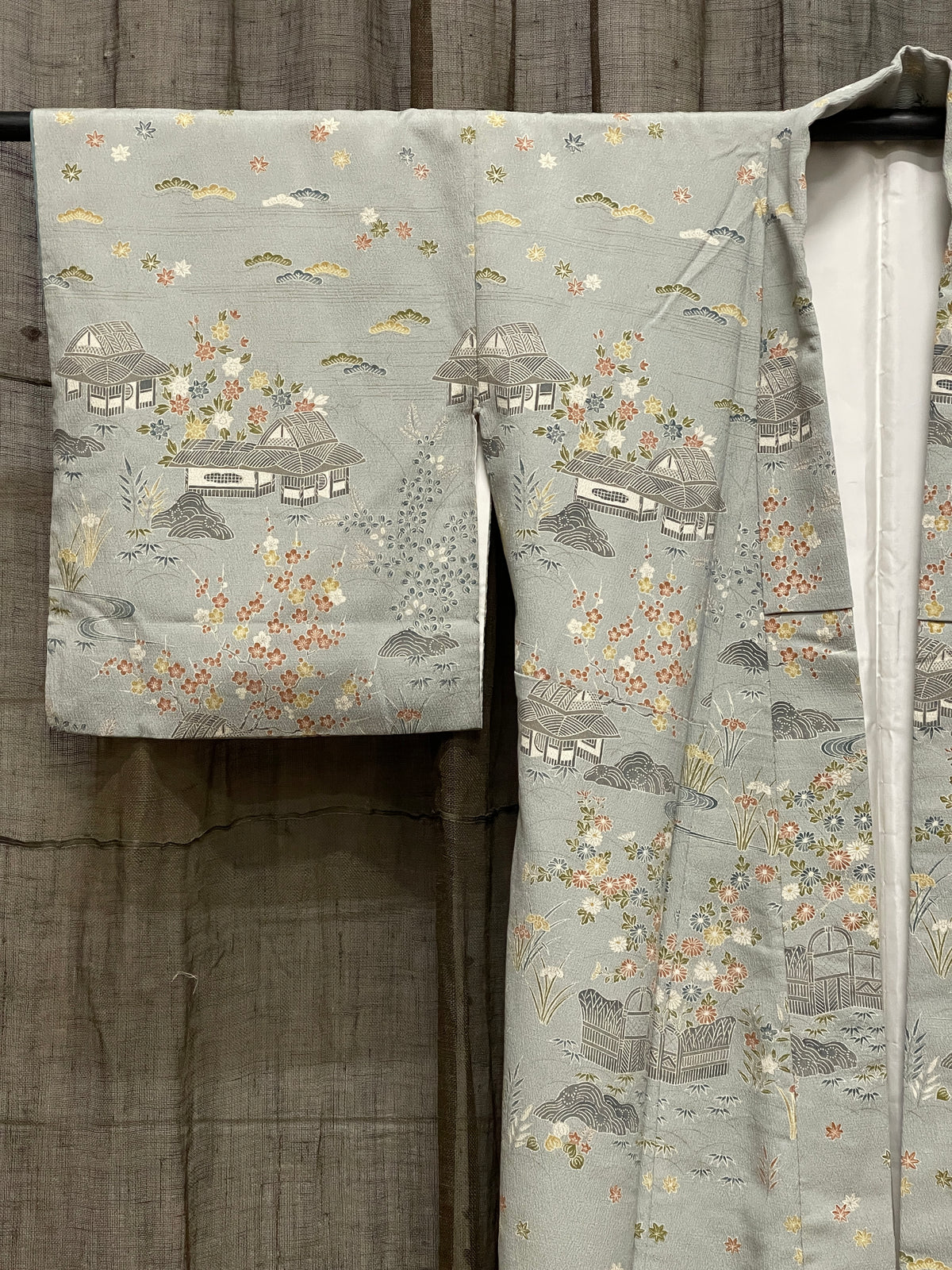 Vintage Japanese Silk Chirimen Kimono, Scenic Landscape Pattern
