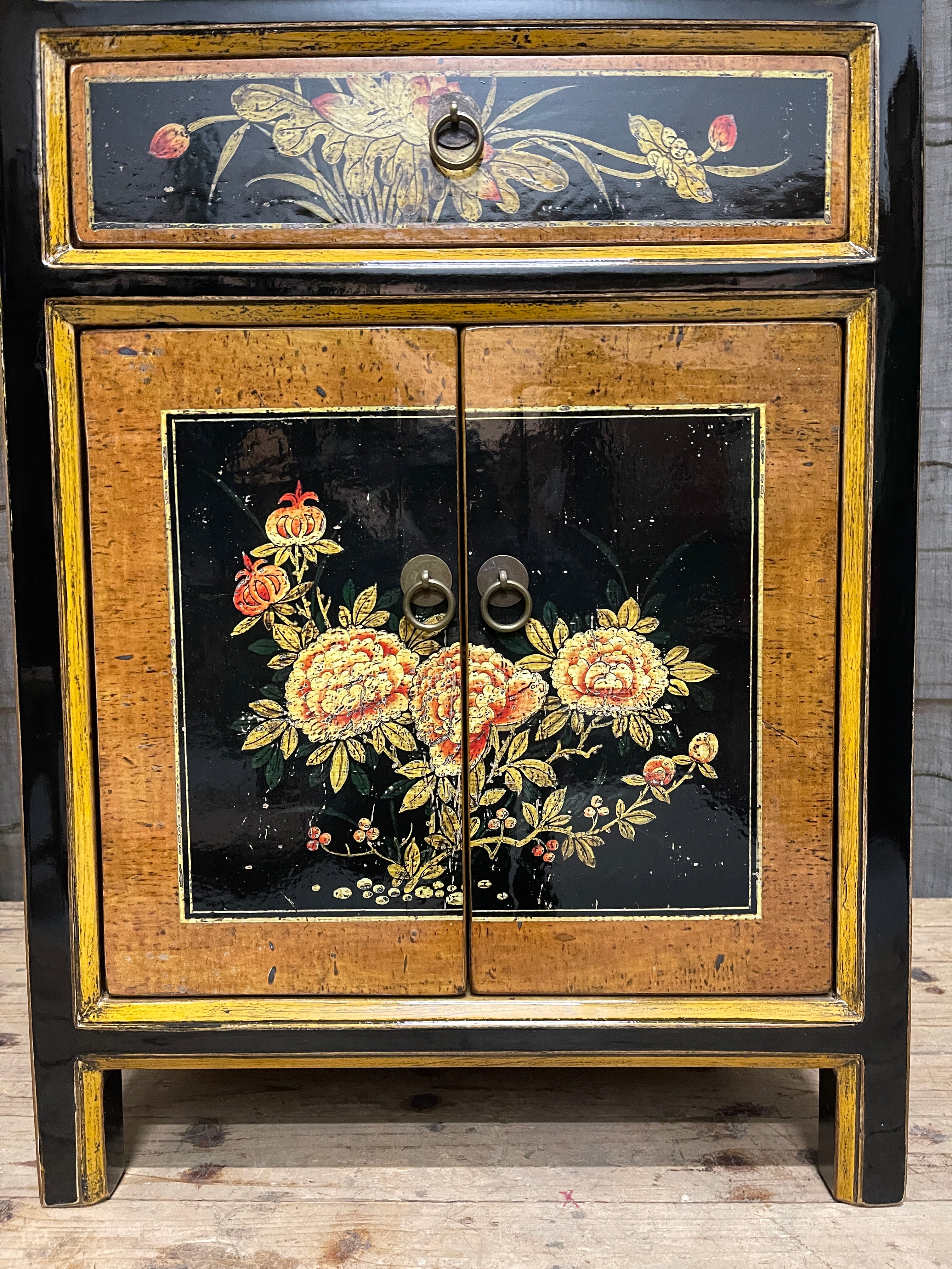 Chinese Black Lacquered Storage Cabinet, Floral Panels