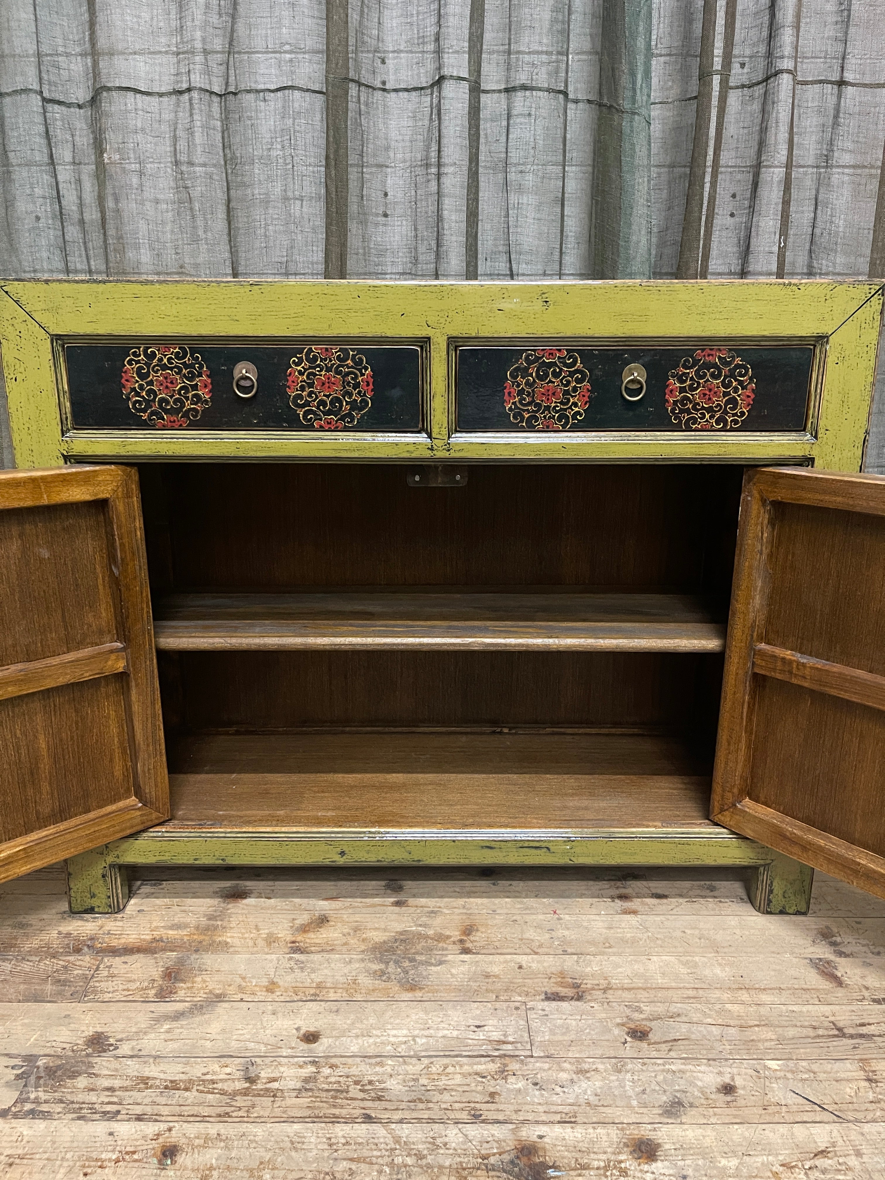 Chinese Green & Red Lacquered Cabinet, Floral Medallion