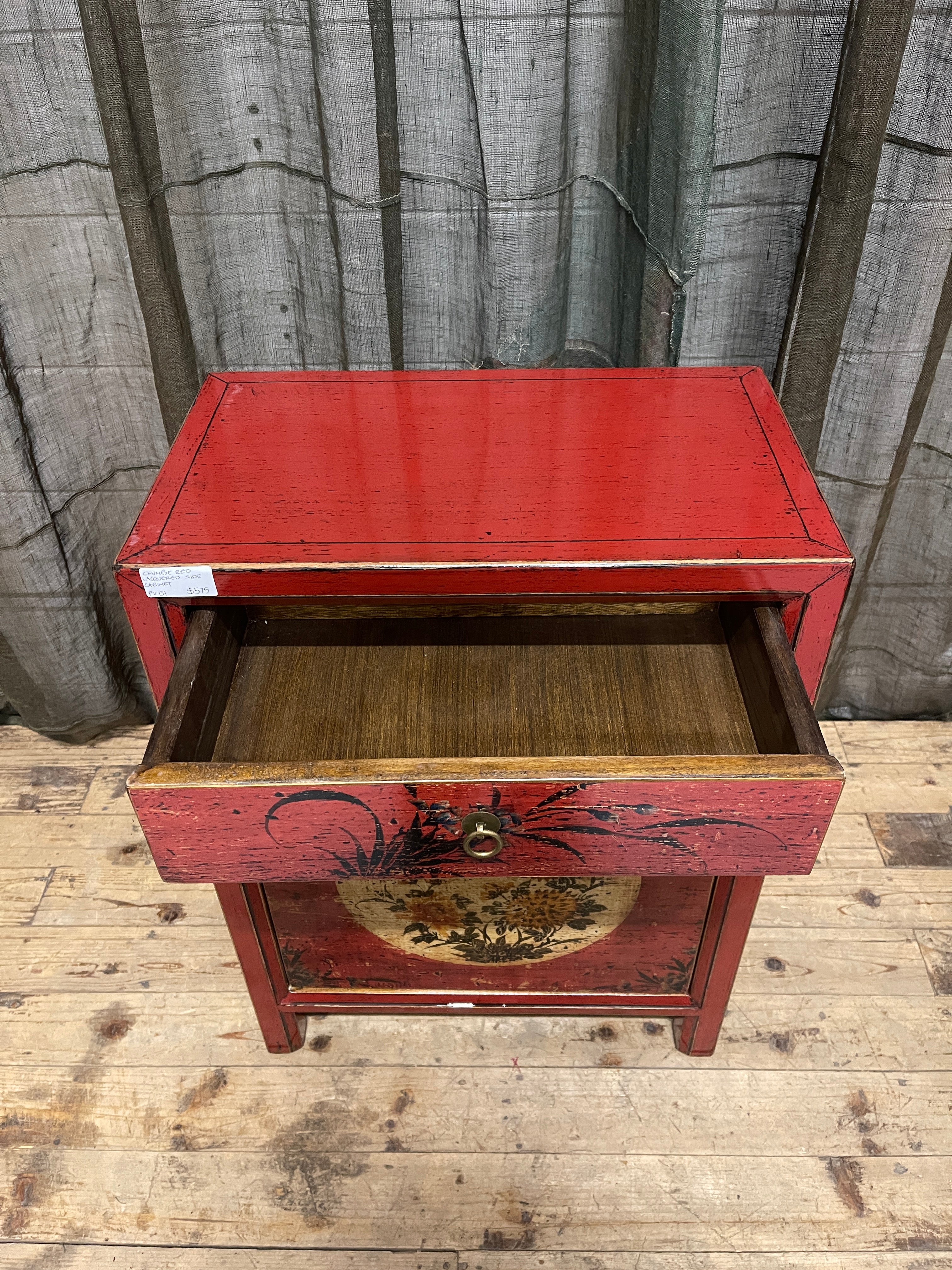 Chinese Red Lacquered Side Cabinet, Floral Motif