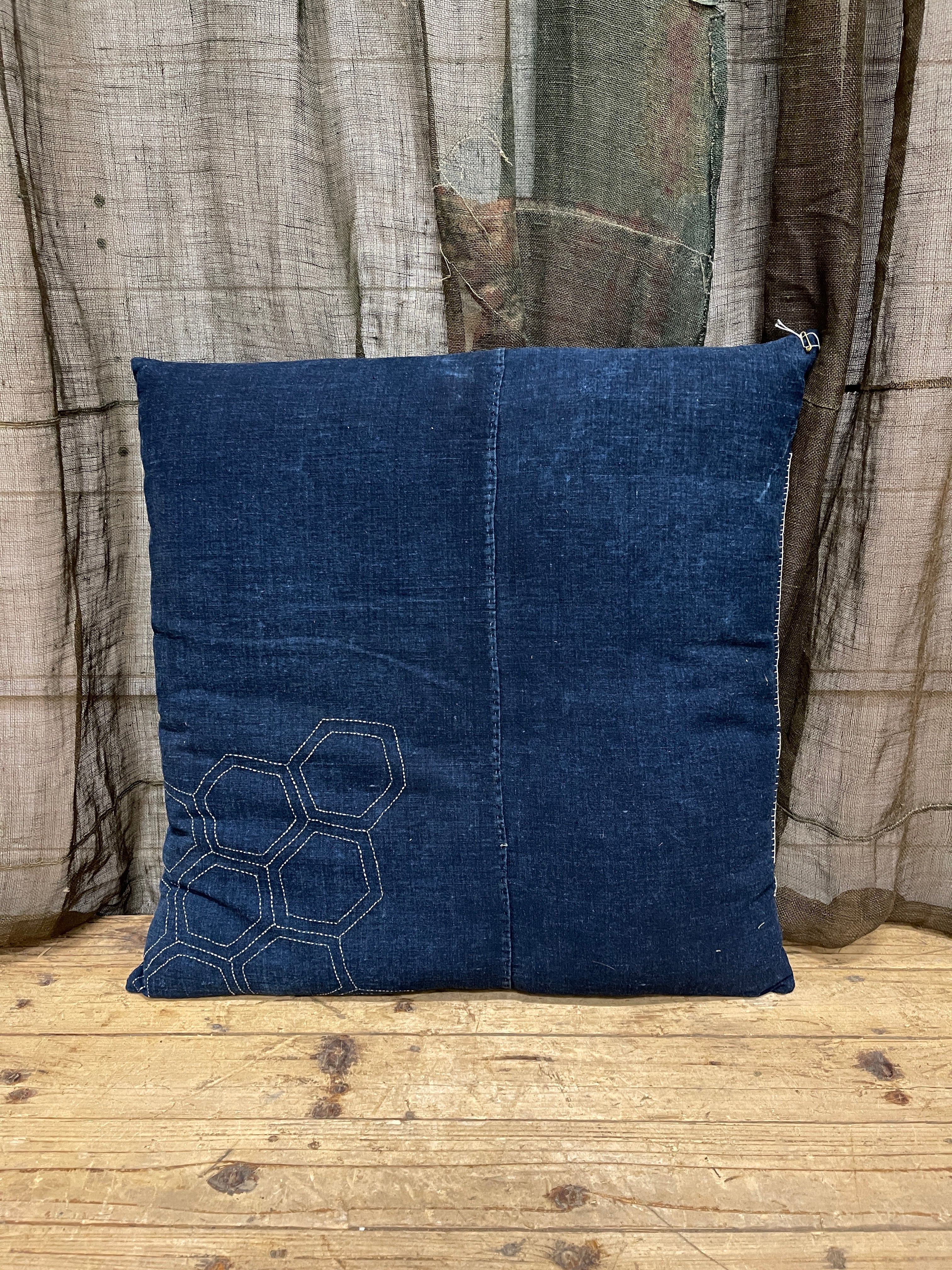 Japanese Floor Cushions Covered with Boro Indigo Cotton
