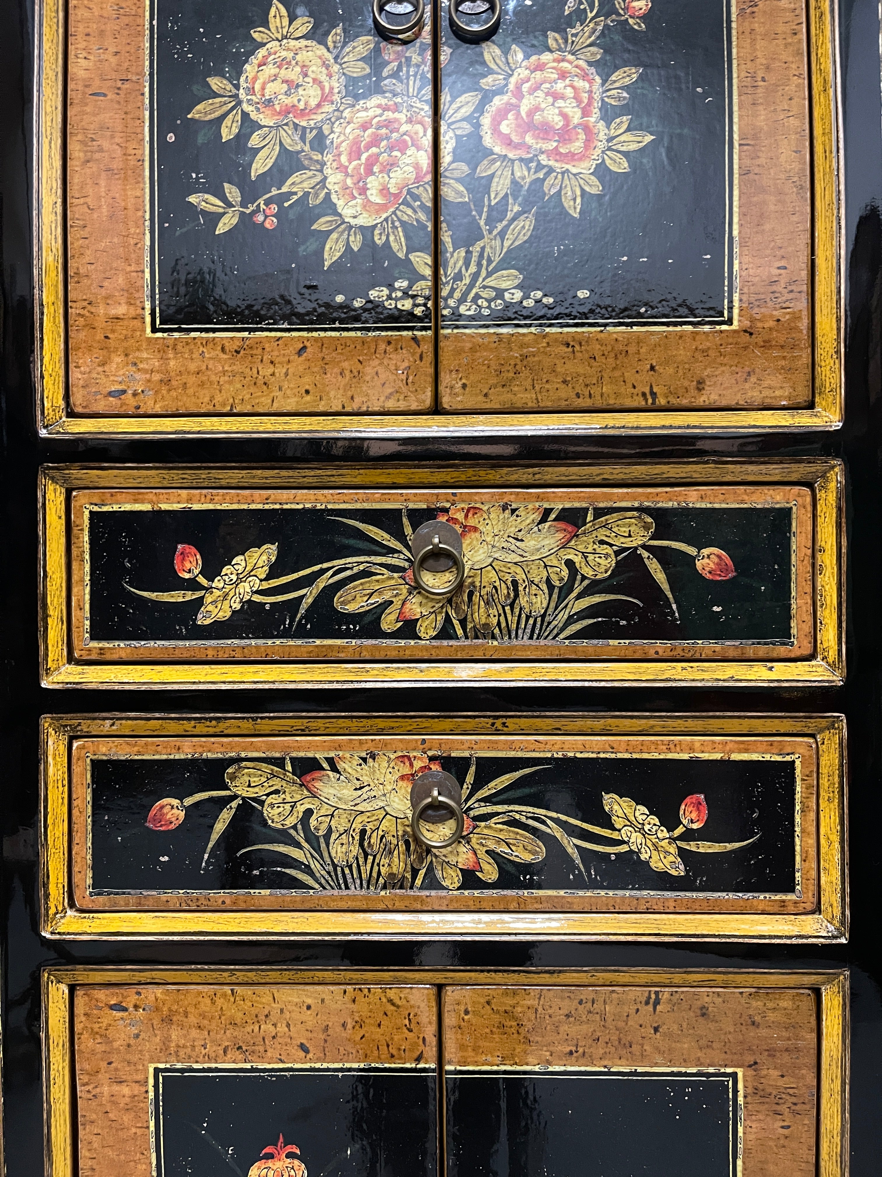 Chinese Black Lacquered Storage Cabinet, Floral Panels