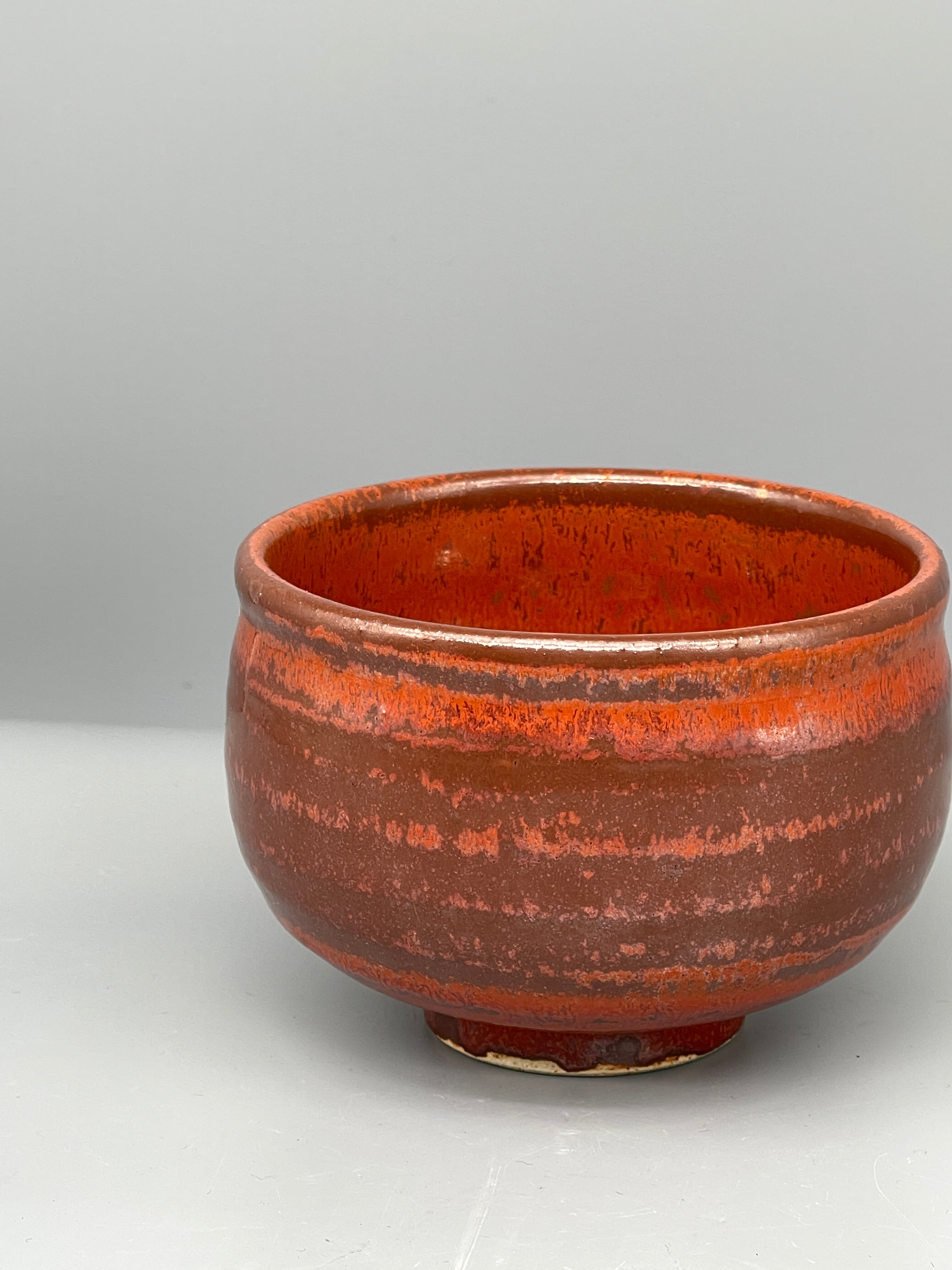 Vintage Japanese Chawan Tea Bowl - Stoneware, Orange Striped Glaze