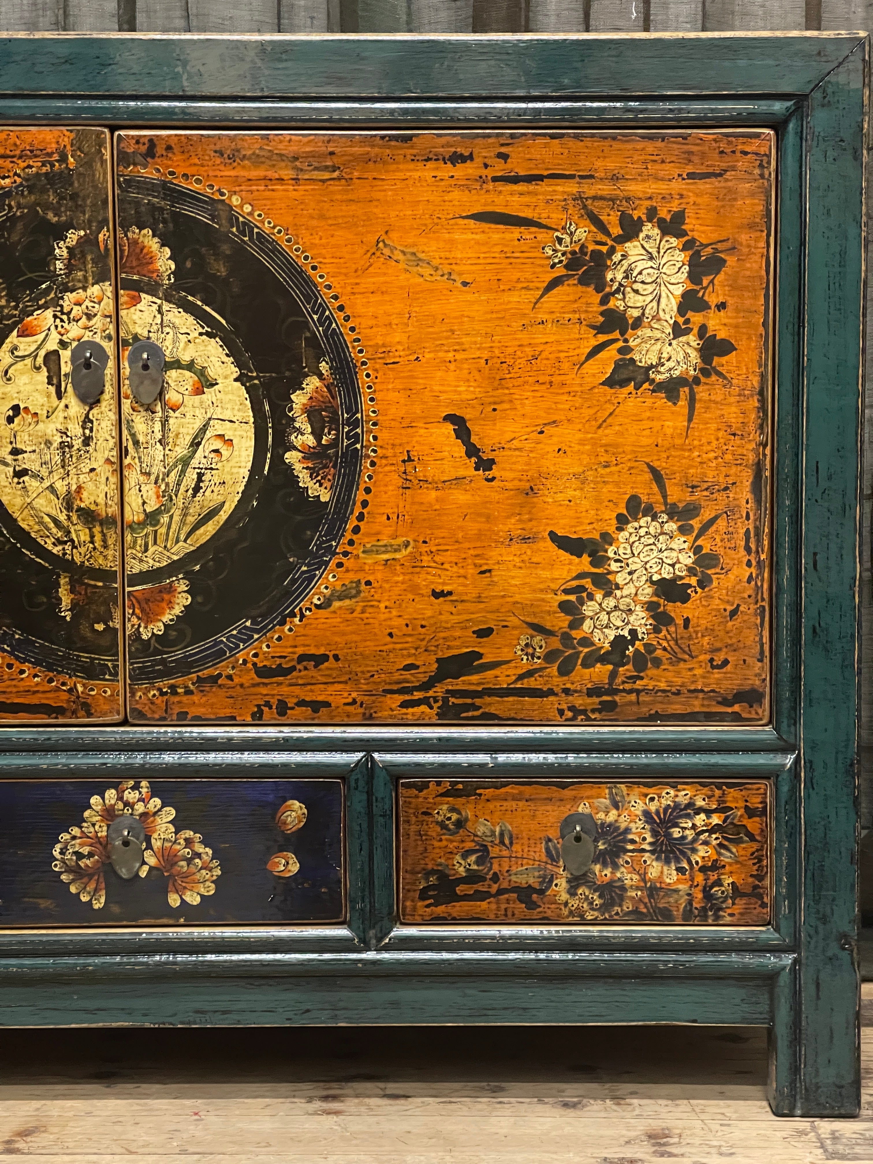 Chinese Teal & Orange Lacquered Cabinet