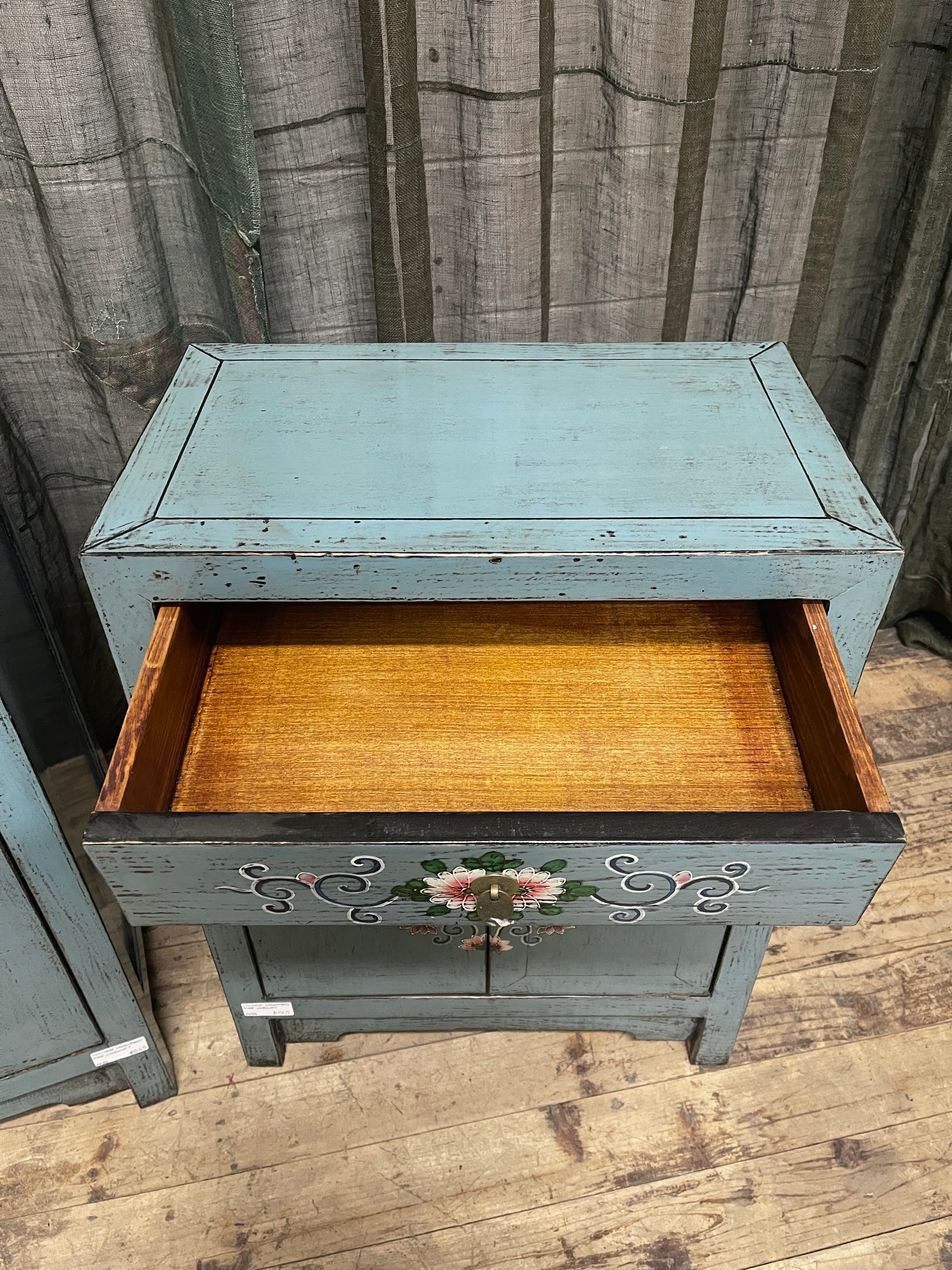 Chinese Blue Lacquered Side Cabinet, Floral Motif