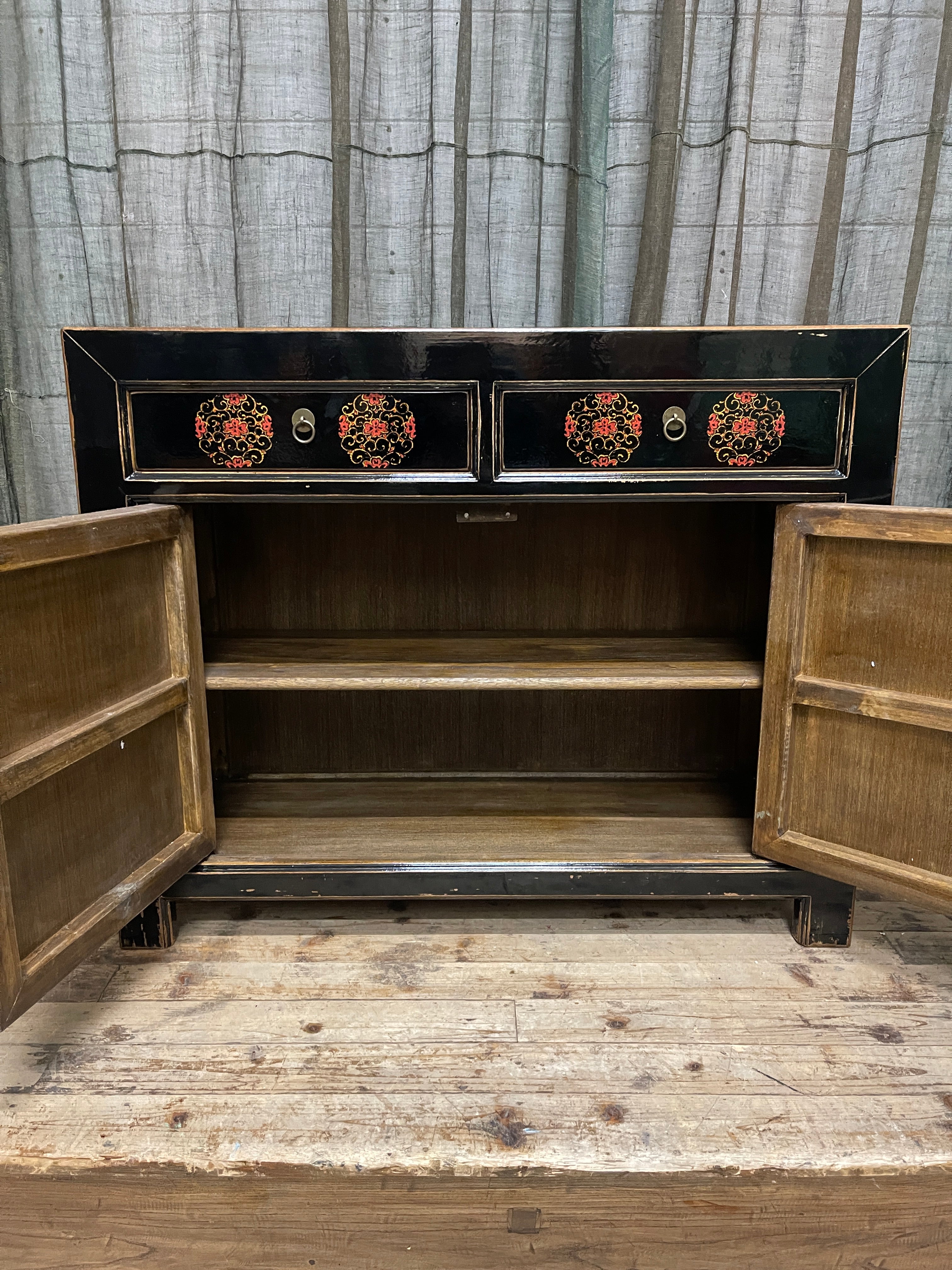 Chinese Black Lacquered Cabinet, Gold Floral Vine Motif