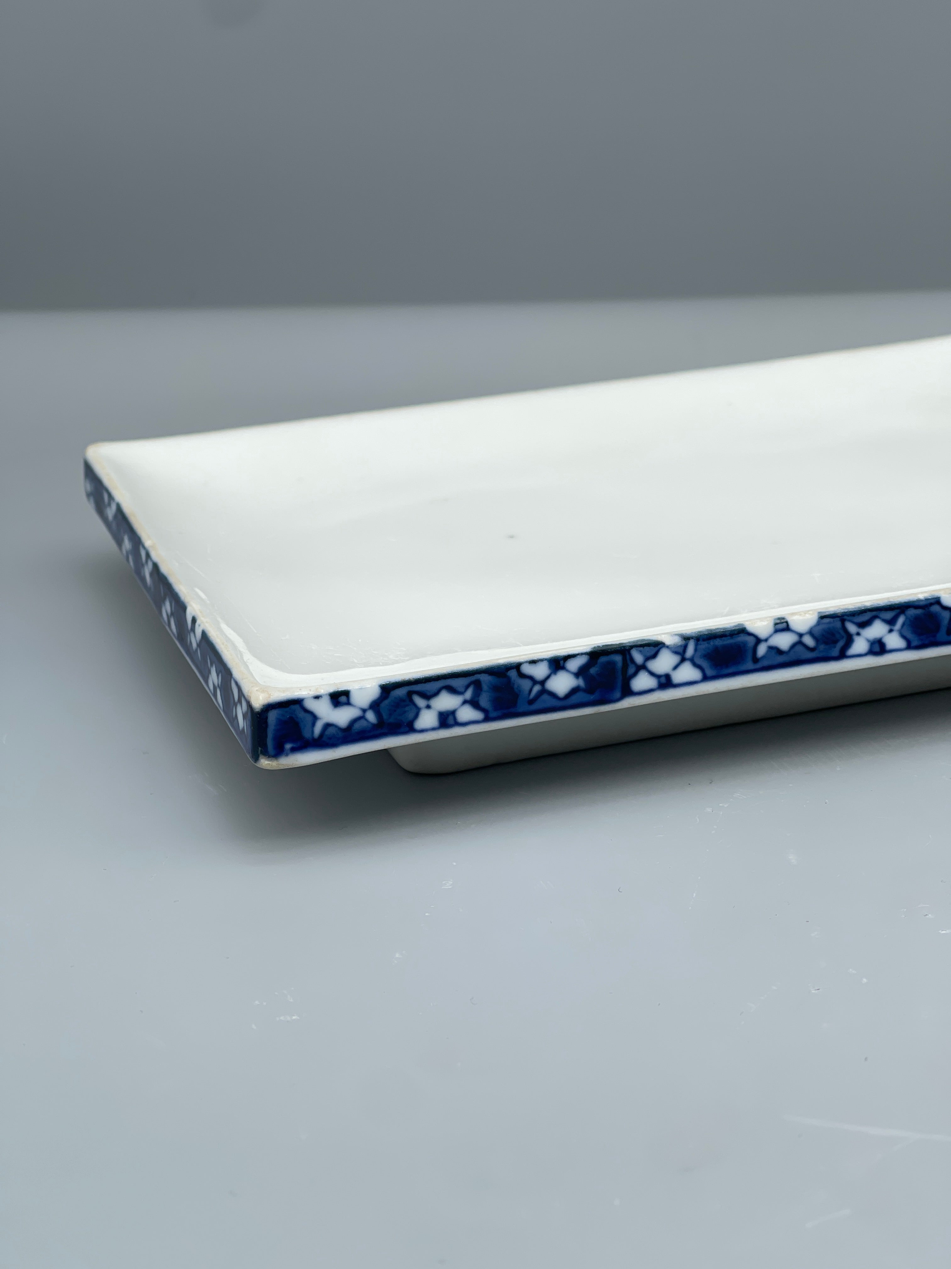 Vintage Japanese Rectangular Serving Plate, Blue & White Floral Motif