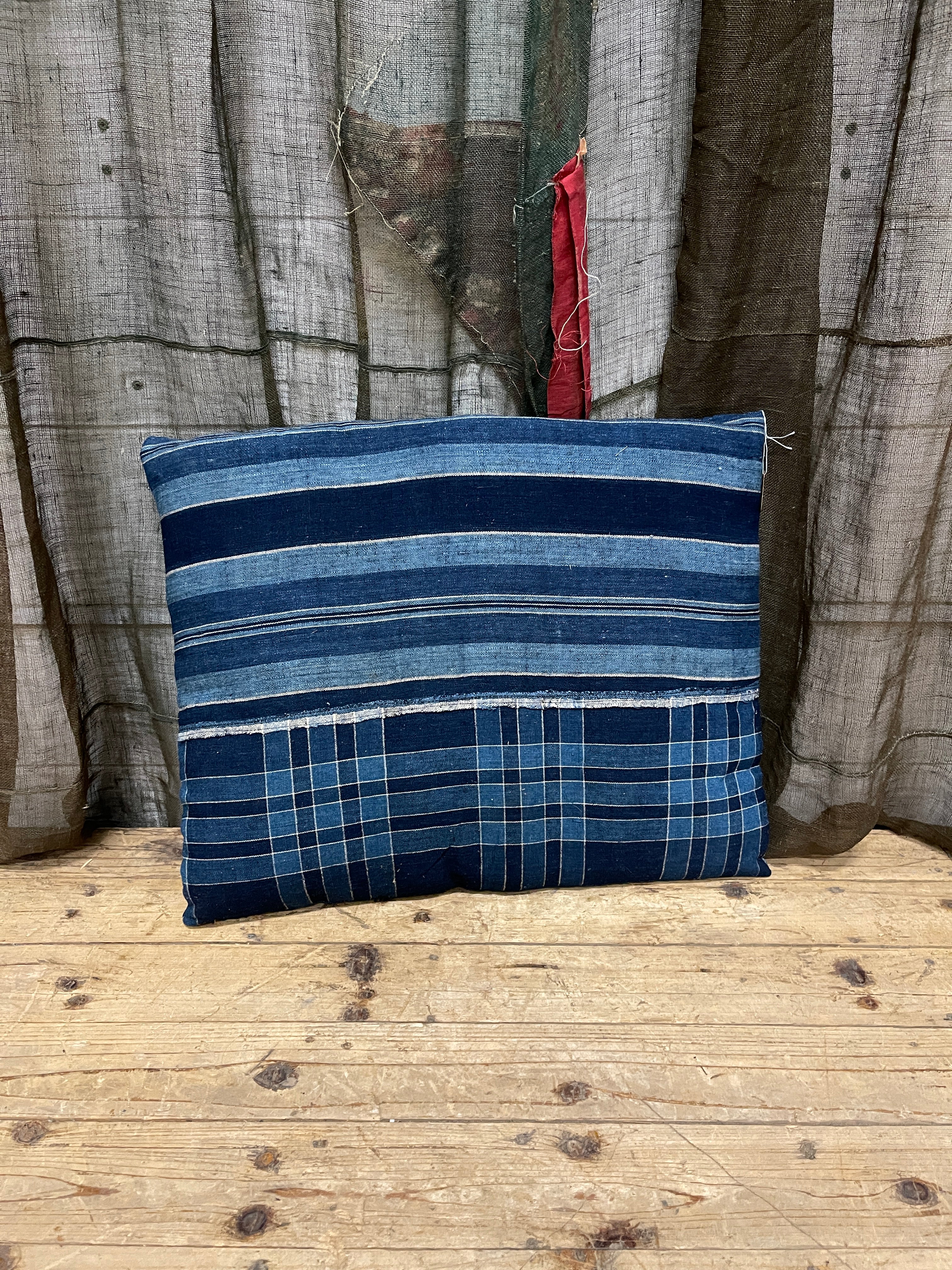 Japanese Floor Cushions Covered with Boro Indigo Cotton