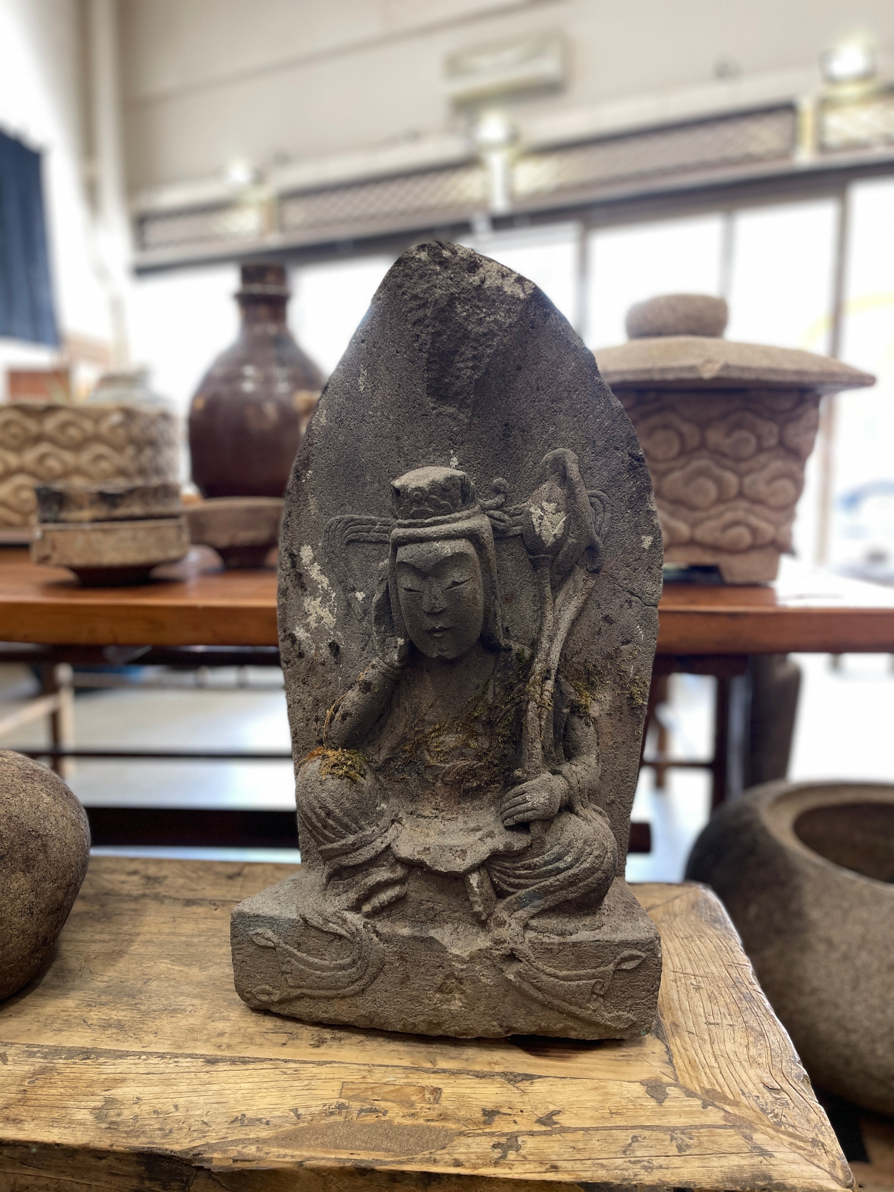 Japanese Stone Carving Statue Of Kannon Bosatsu