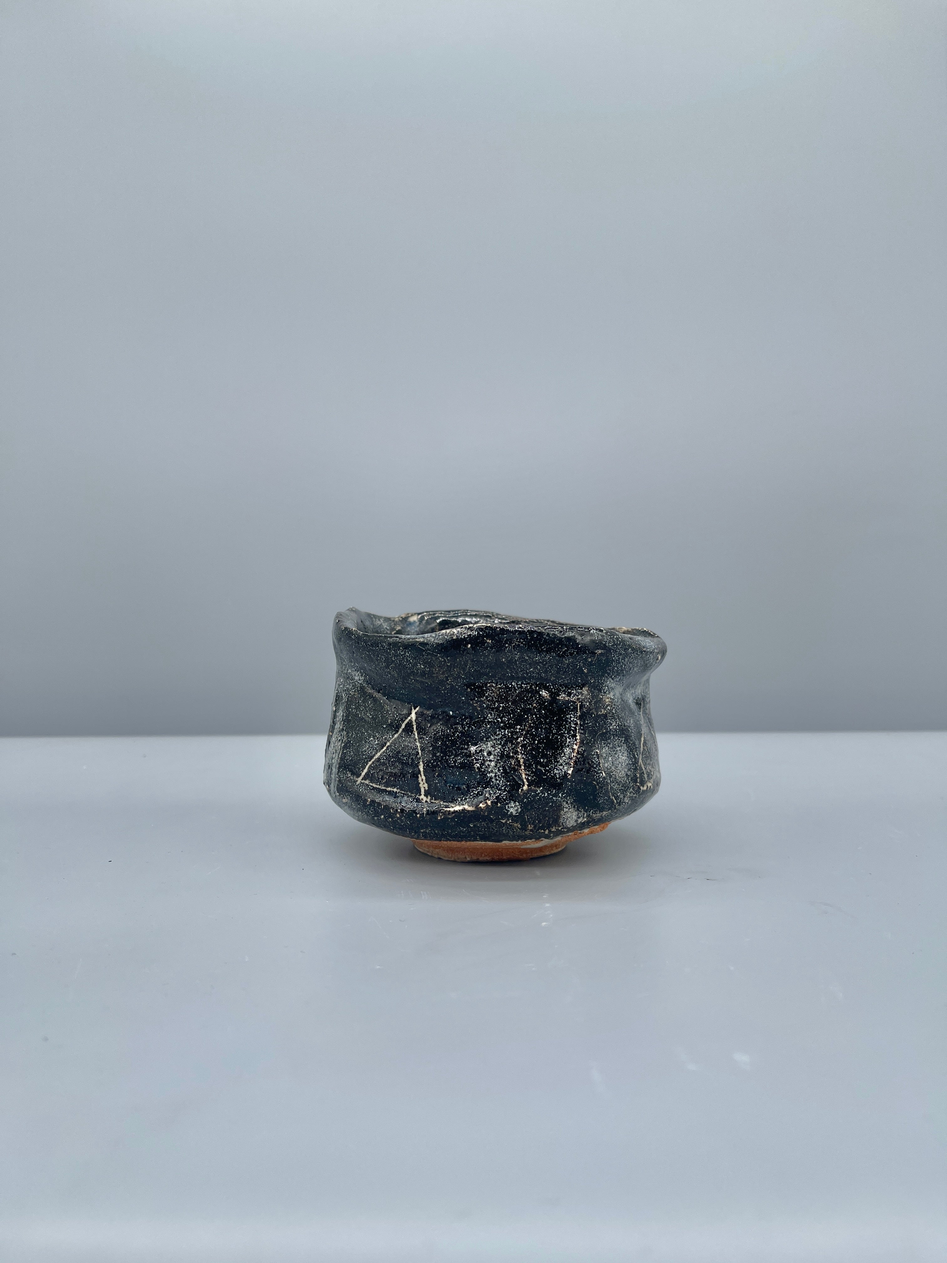 Vintage Japanese Chawan, Tea Bowl - Black Glaze, Geometric Motif
