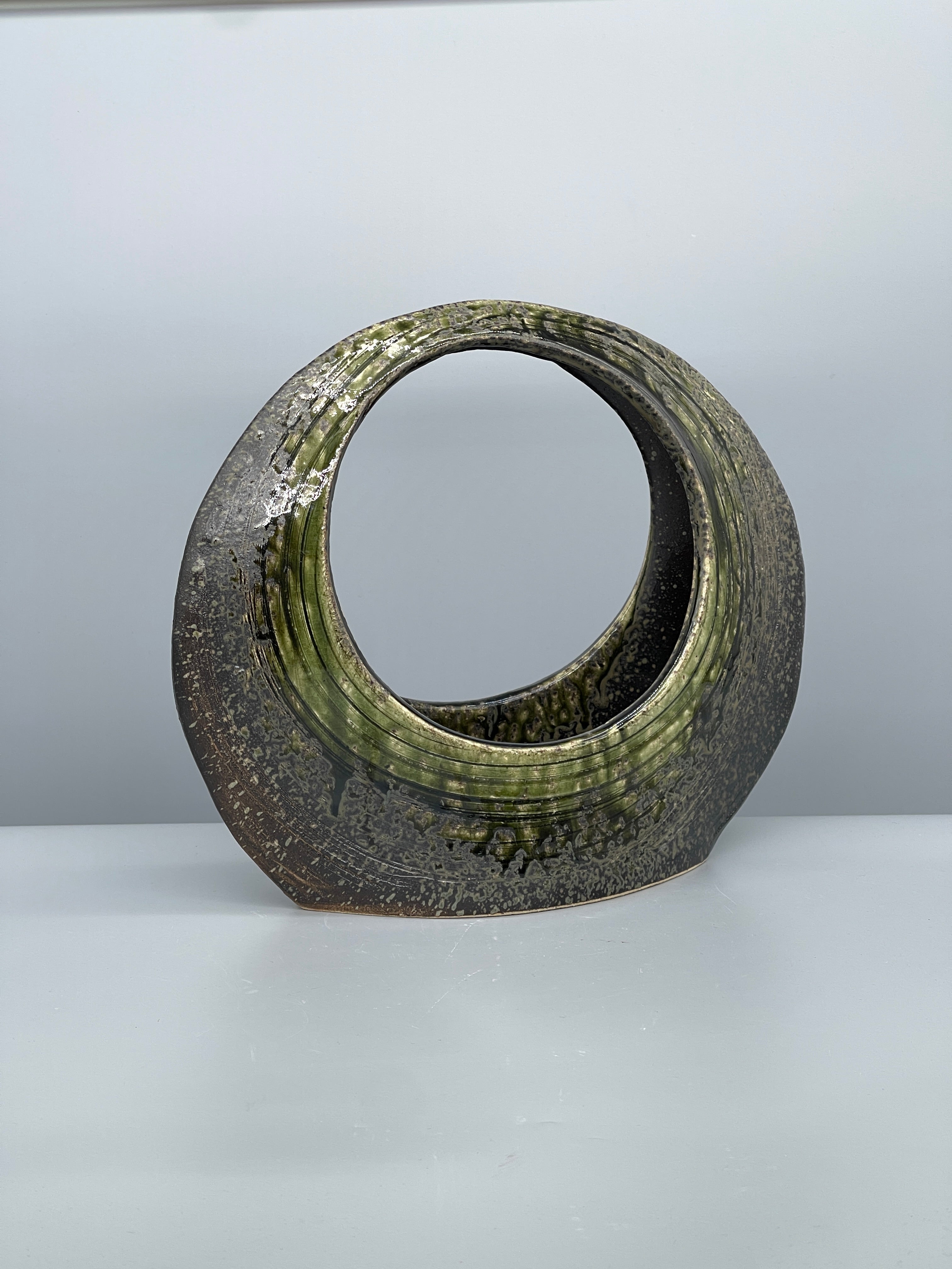 Midcentury Japanese Round Ikebana Vase, Earthy Green Glaze