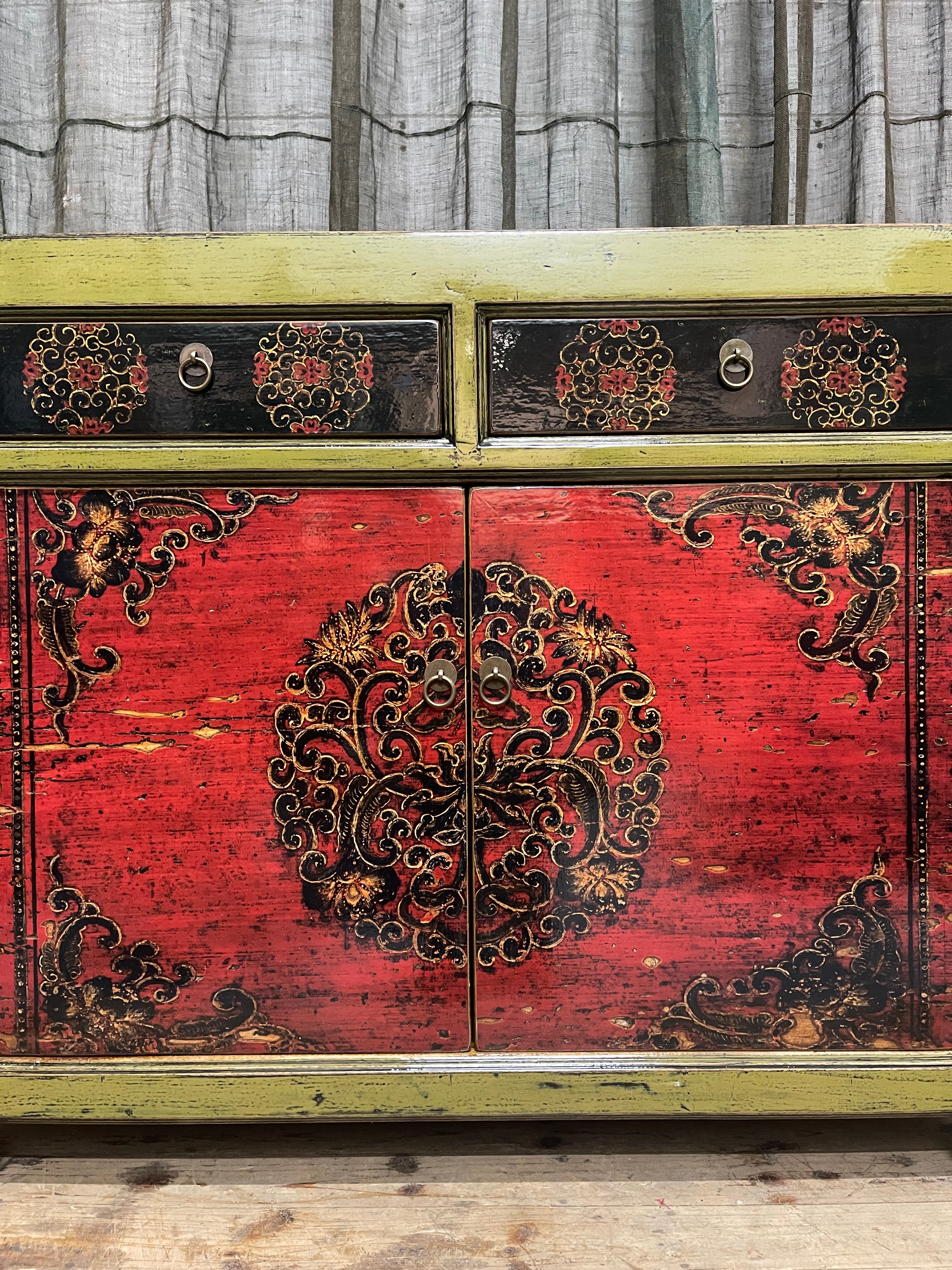 Chinese Green & Red Lacquered Cabinet, Floral Medallion