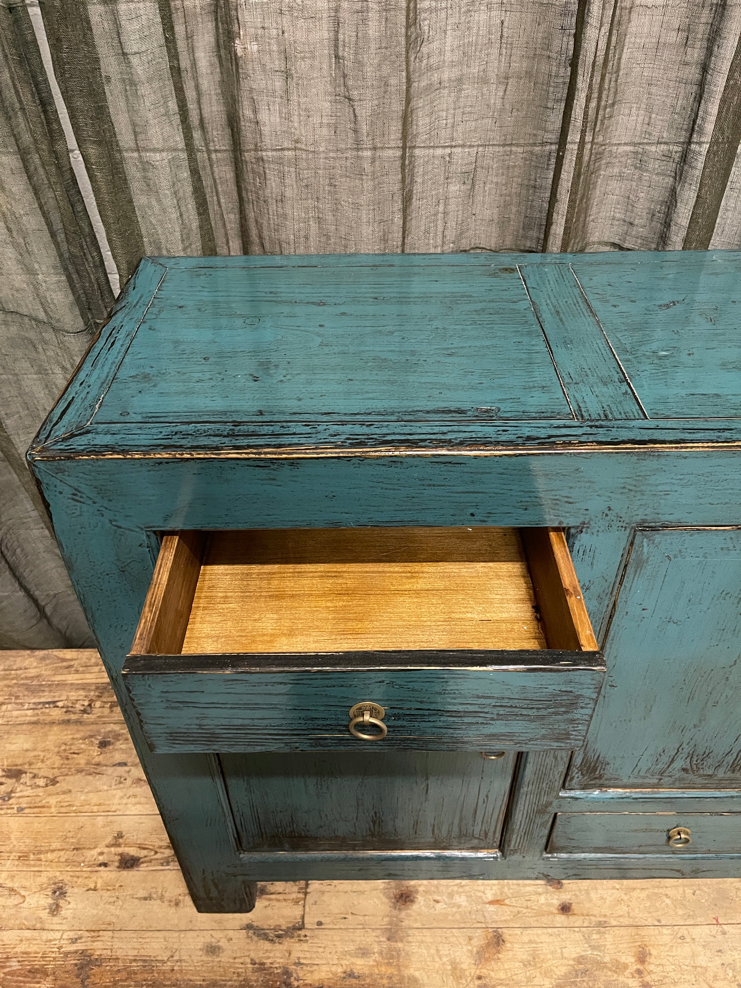Chinese Teal Lacquered Sideboard, Distressed Finish