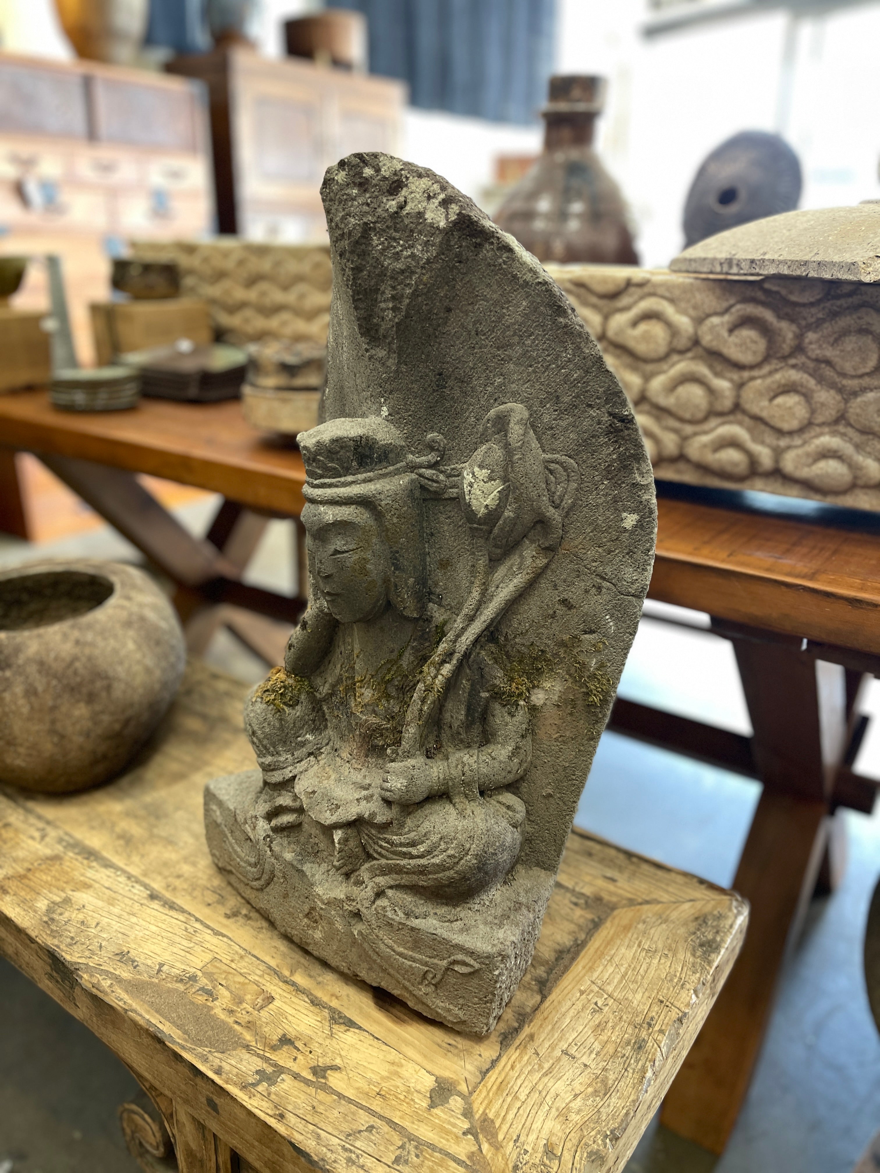 Japanese Stone Carving Statue Of Kannon Bosatsu