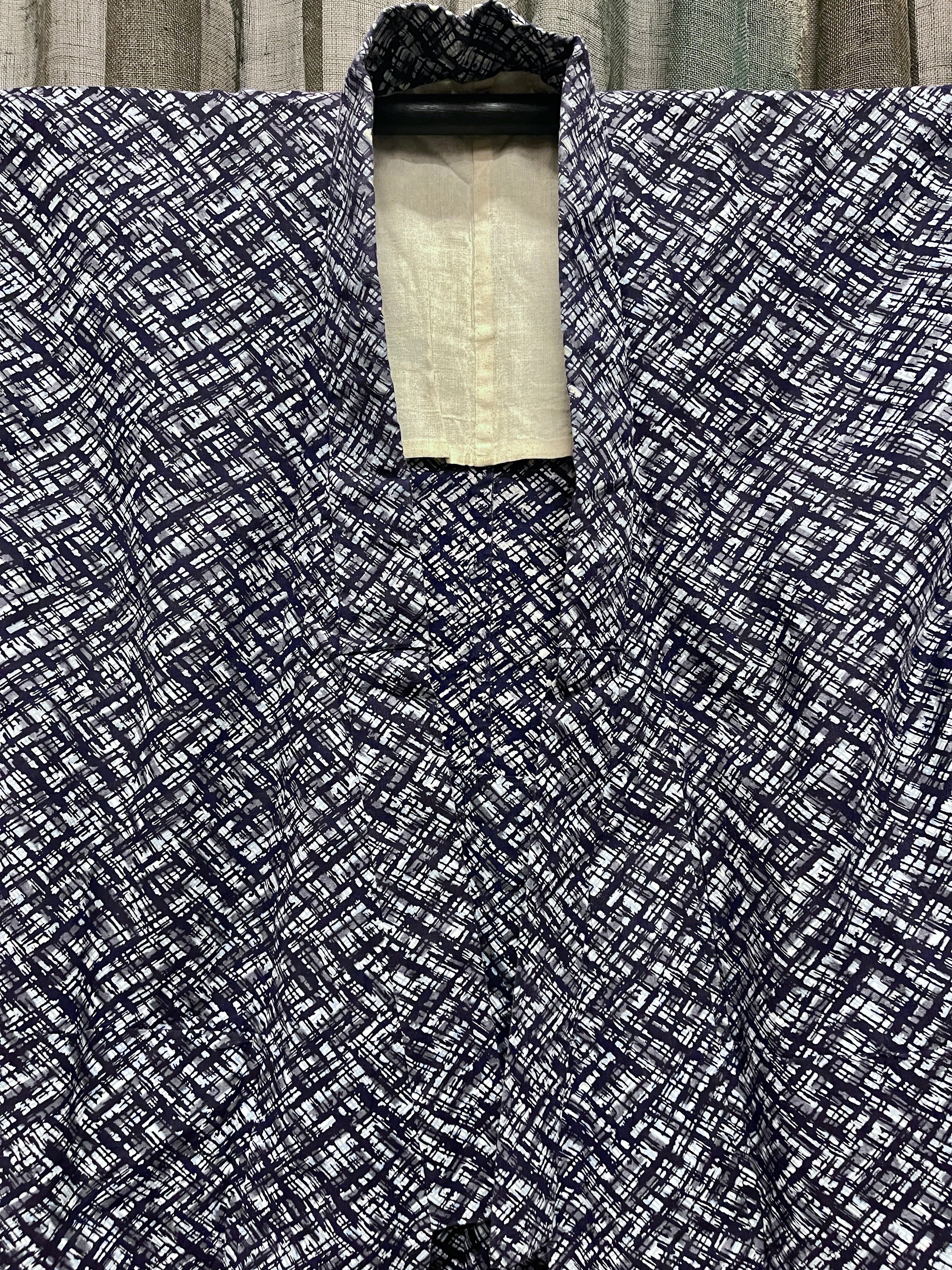 Vintage Yukata, Japanese Cotton Kimono with Geometric Pattern