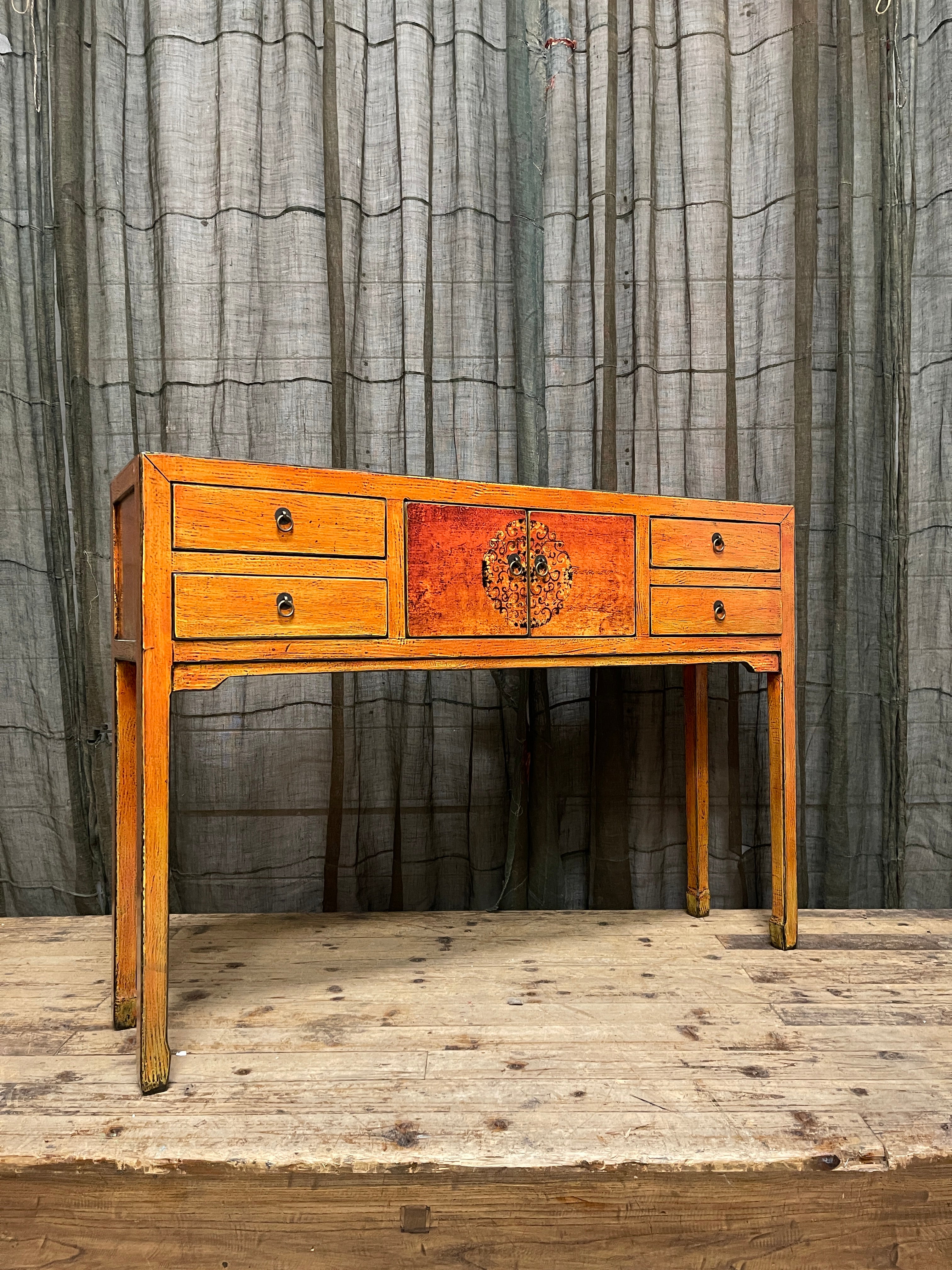 Chinese Orange Lacquered Hall Table, Floral Medallion