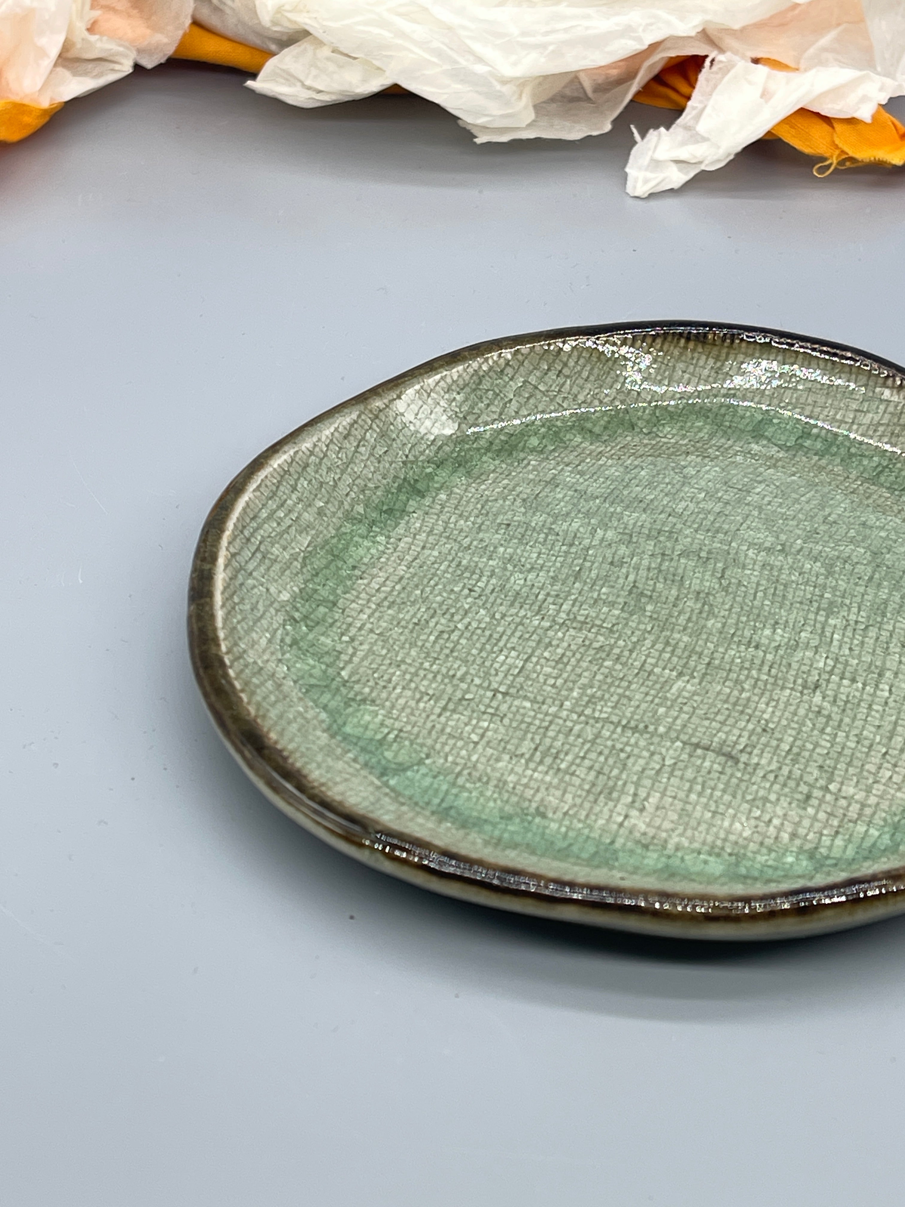 Set of Vintage Japanese Side Plates, Green Crackle Glaze