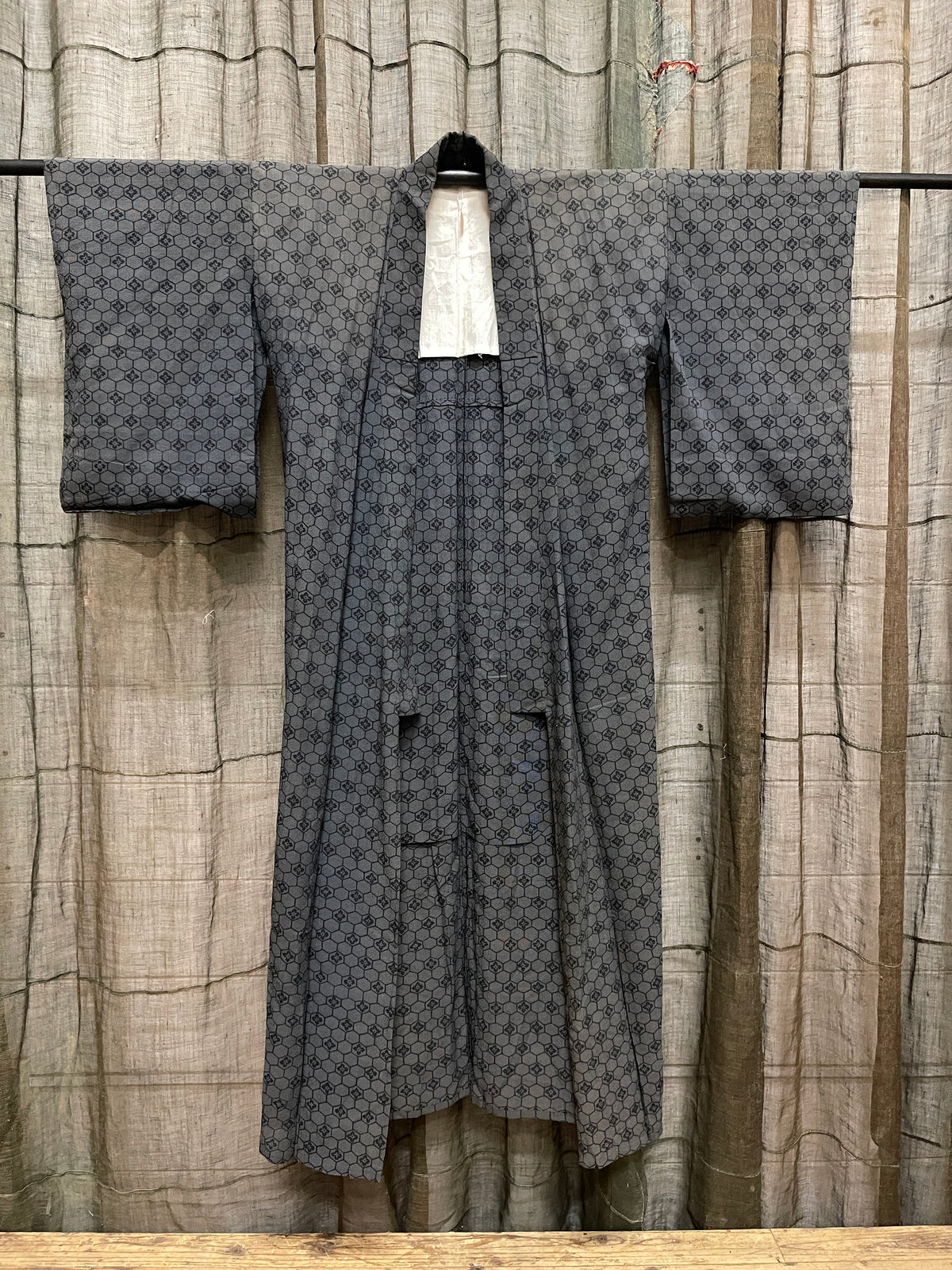 Vintage Japanese Silk Summer Kimono, Hexagon Lattice Pattern