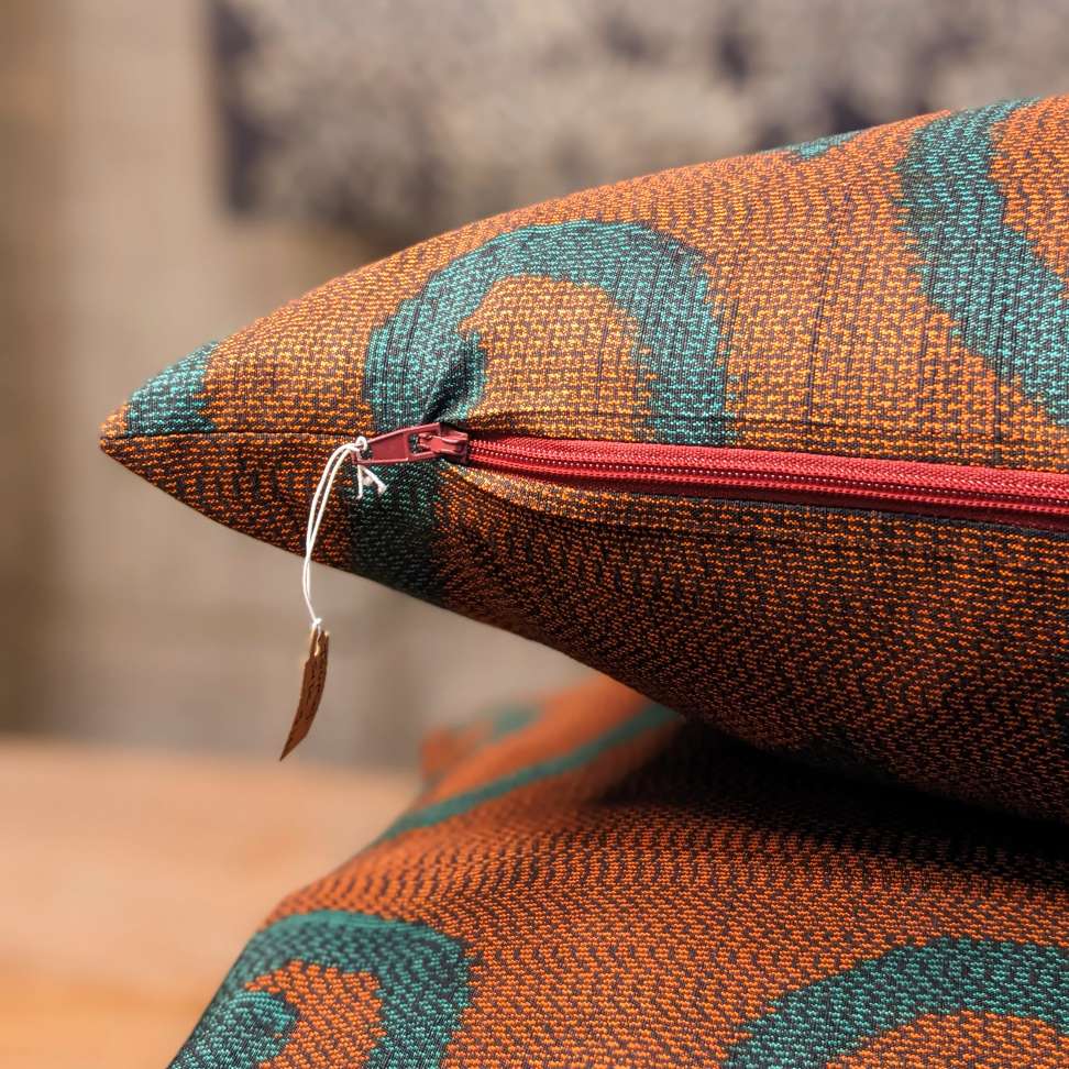 Throw Cushion with Vintage Japanese Woollen Cover - Orange & Blue Karakusa